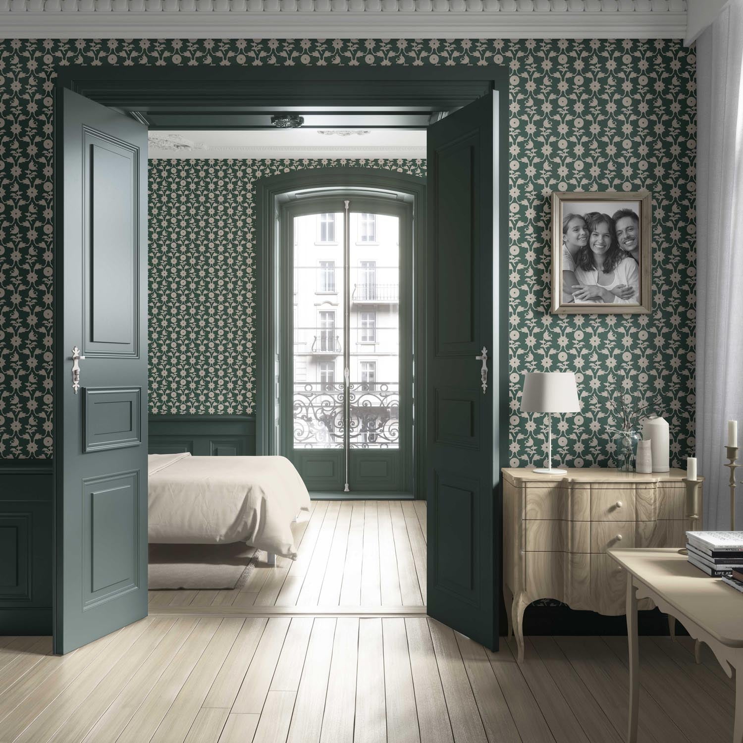 Modern Floral Botanical Living Room Wallpaper (Green/ Beige)
