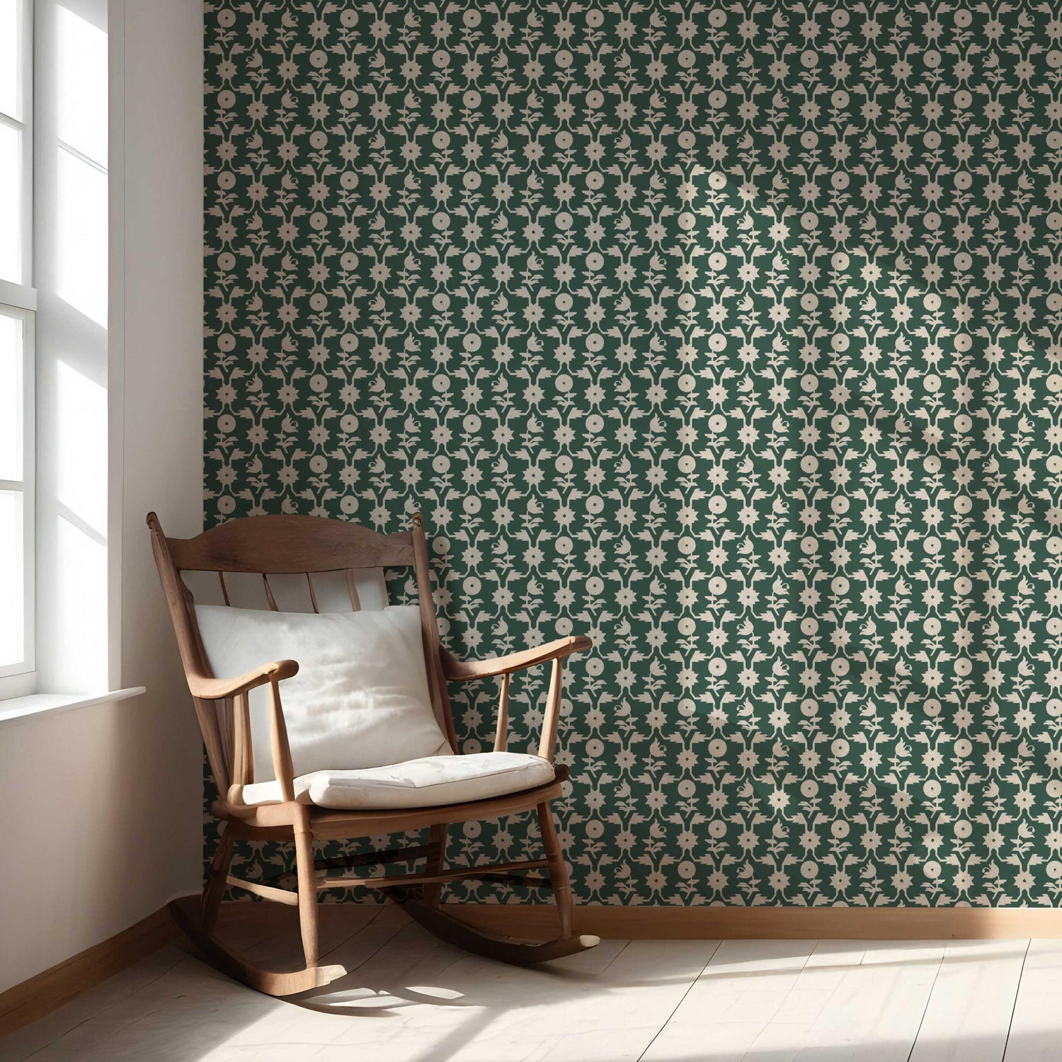 Modern Floral Botanical Nursery Wallpaper (Green/ Beige)