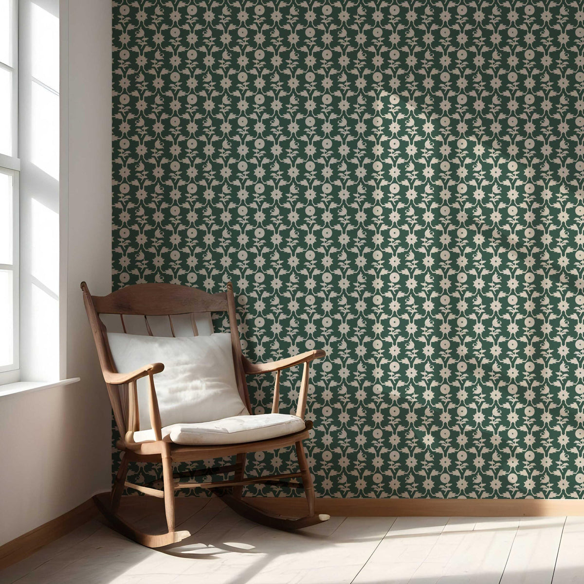 Modern Floral Botanical Nursery Wallpaper (Green/ Beige)