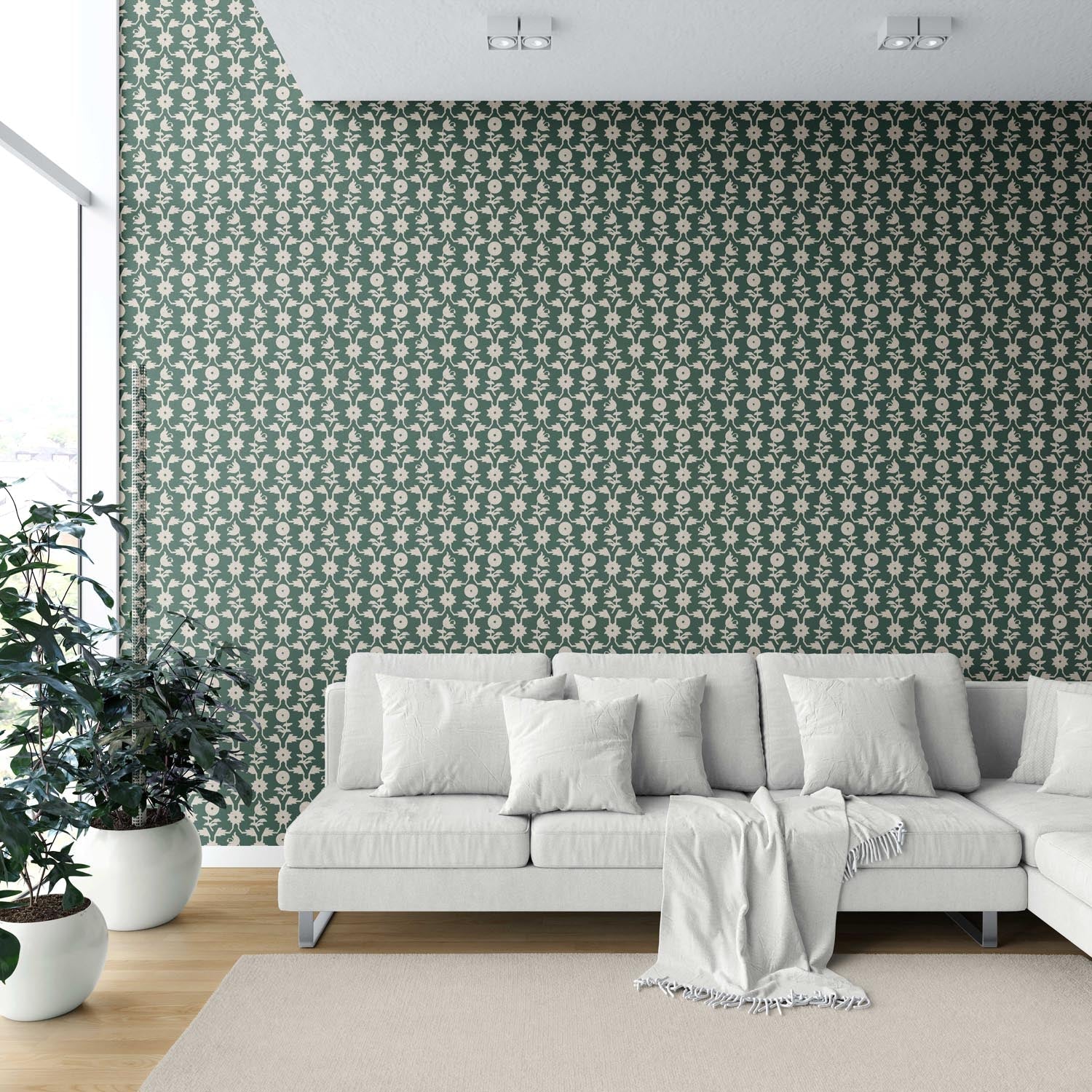 Modern Floral Botanical Shower Toilet Wallpaper (Green/ Beige)