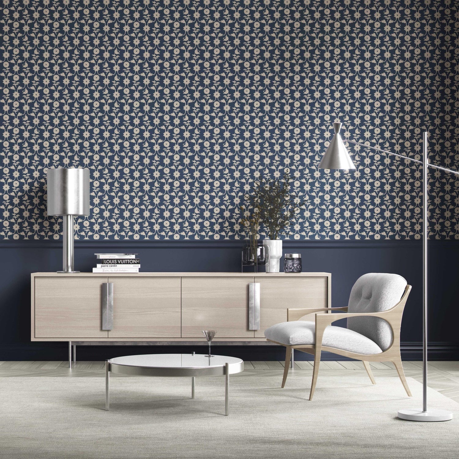 Modern Floral Botanical Kitchen Wallpaper (Navy Blue/ Beige)