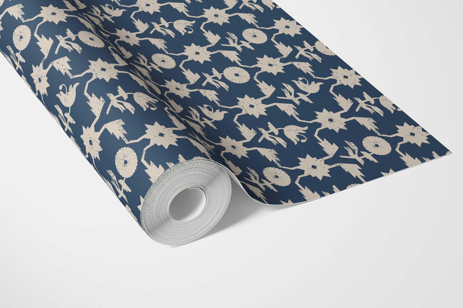 Modern Floral Botanical Bathroom Wallpaper (Navy Blue/ Beige)
