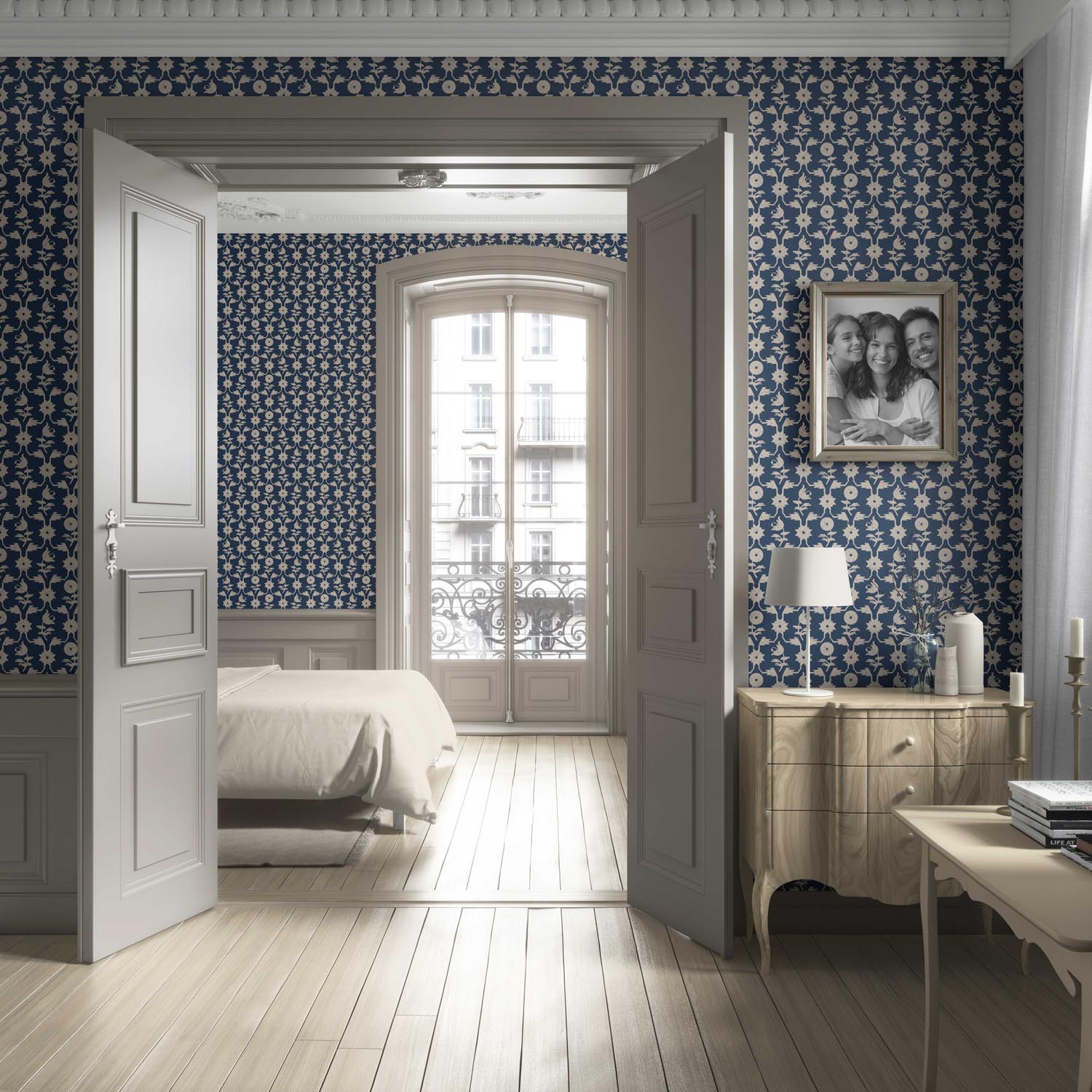 Modern Floral Botanical Living Room Wallpaper (Navy Blue/ Beige)