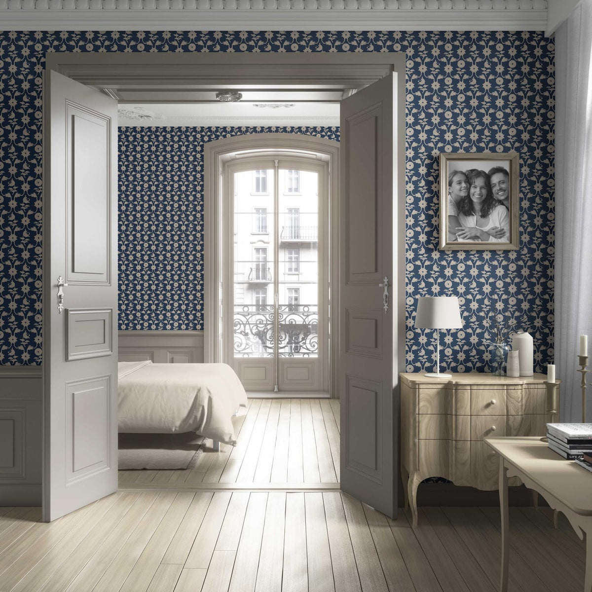 Modern Floral Botanical Living Room Wallpaper (Navy Blue/ Beige)