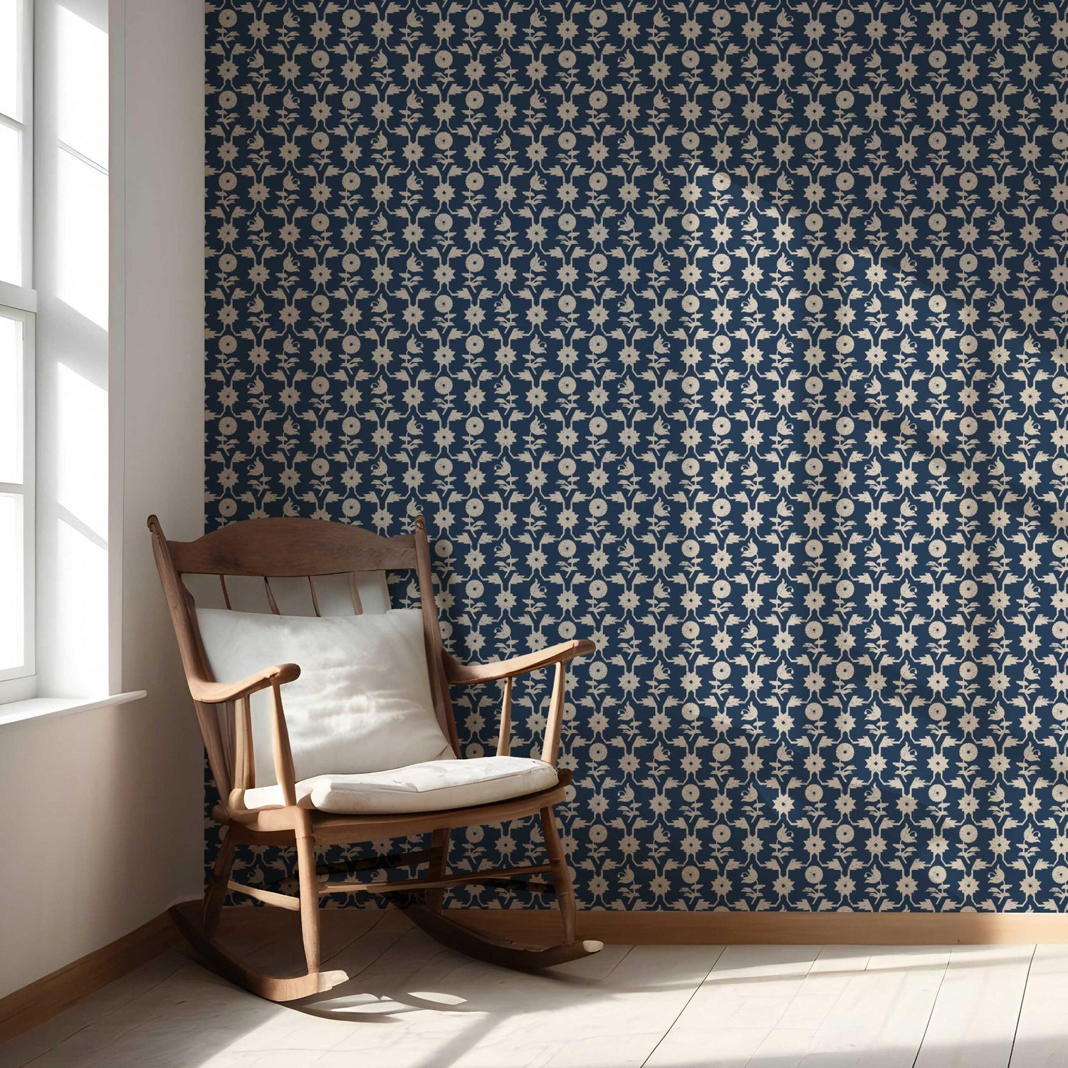 Modern Floral Botanical Nursery Wallpaper (Navy Blue/ Beige)