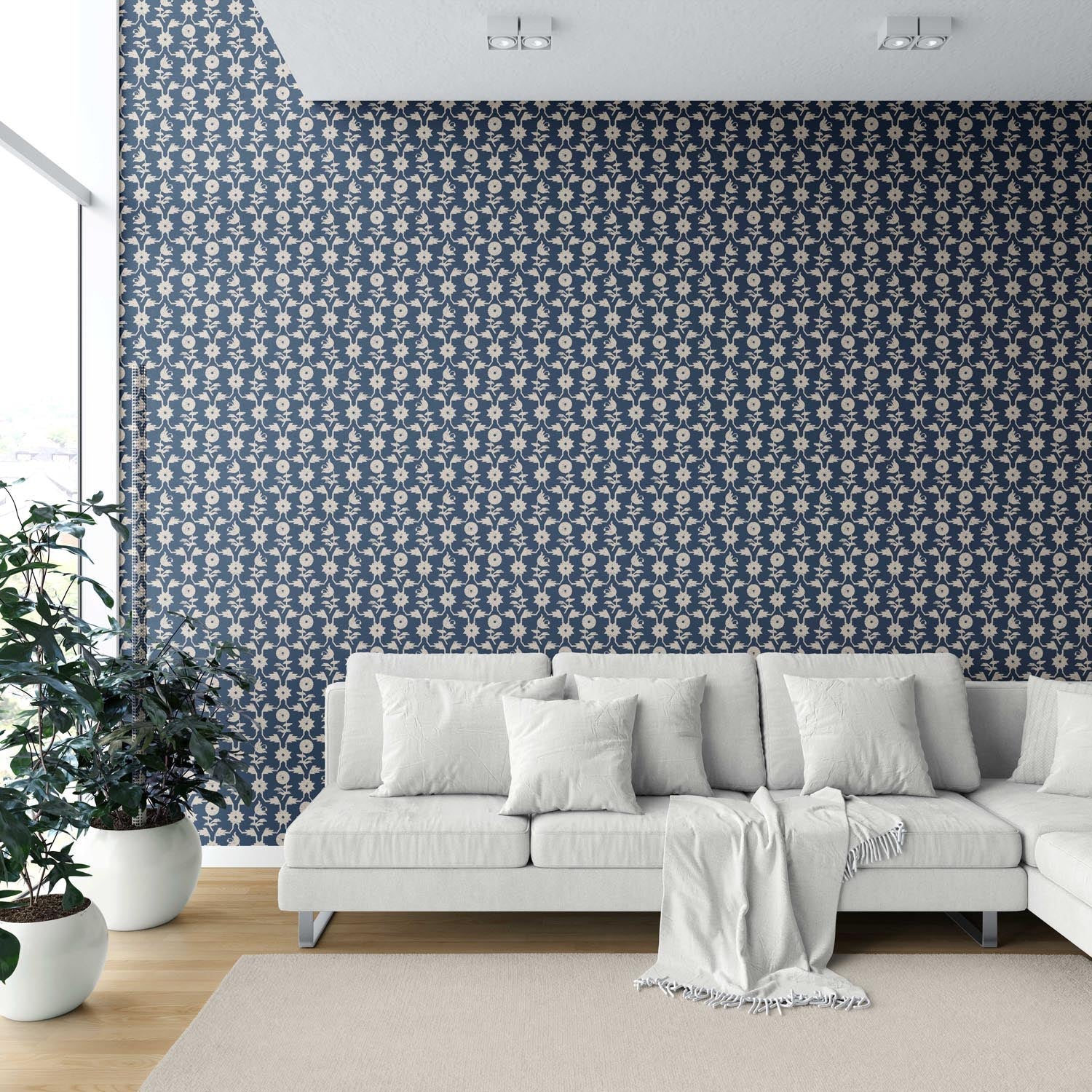 Modern Floral Botanical Shower Toilet Wallpaper (Navy Blue/ Beige)