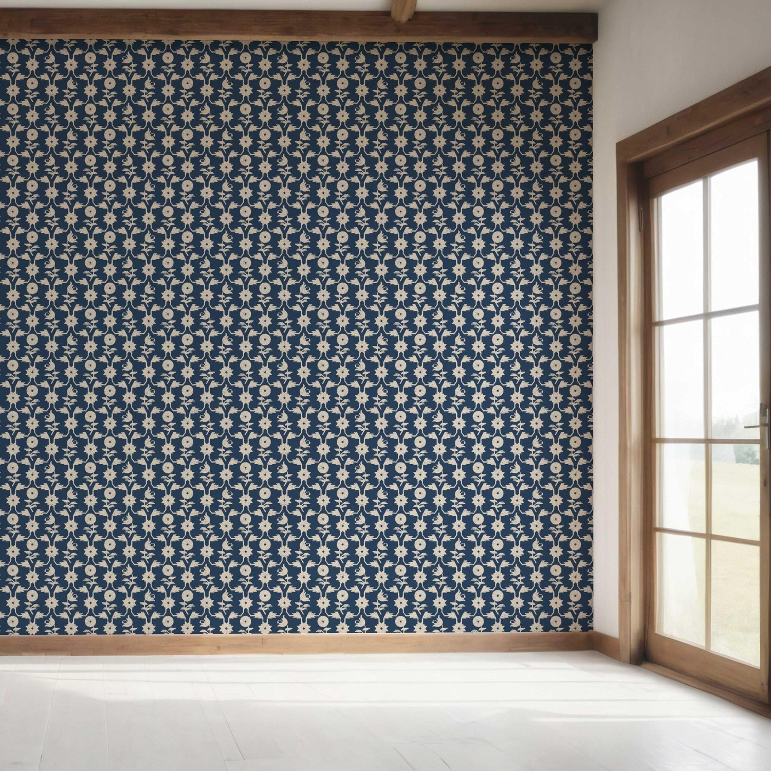 Modern Floral Botanical Bedroom Wallpaper (Navy Blue/ Beige)