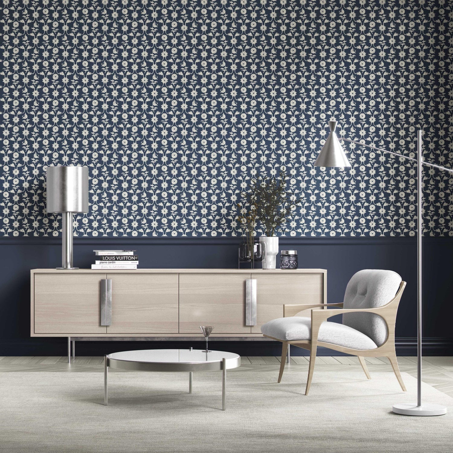Modern Floral Botanical Kitchen Wallpaper (Navy Blue/ White)