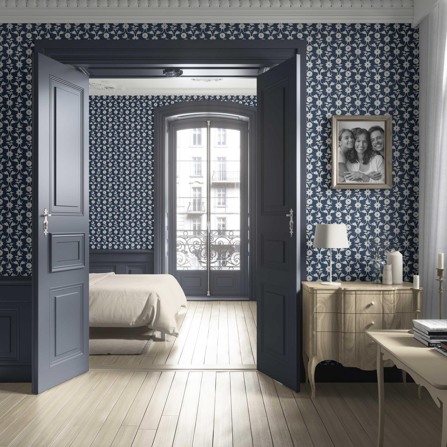 Modern Floral Botanical Living Room Wallpaper (Navy Blue/ White)