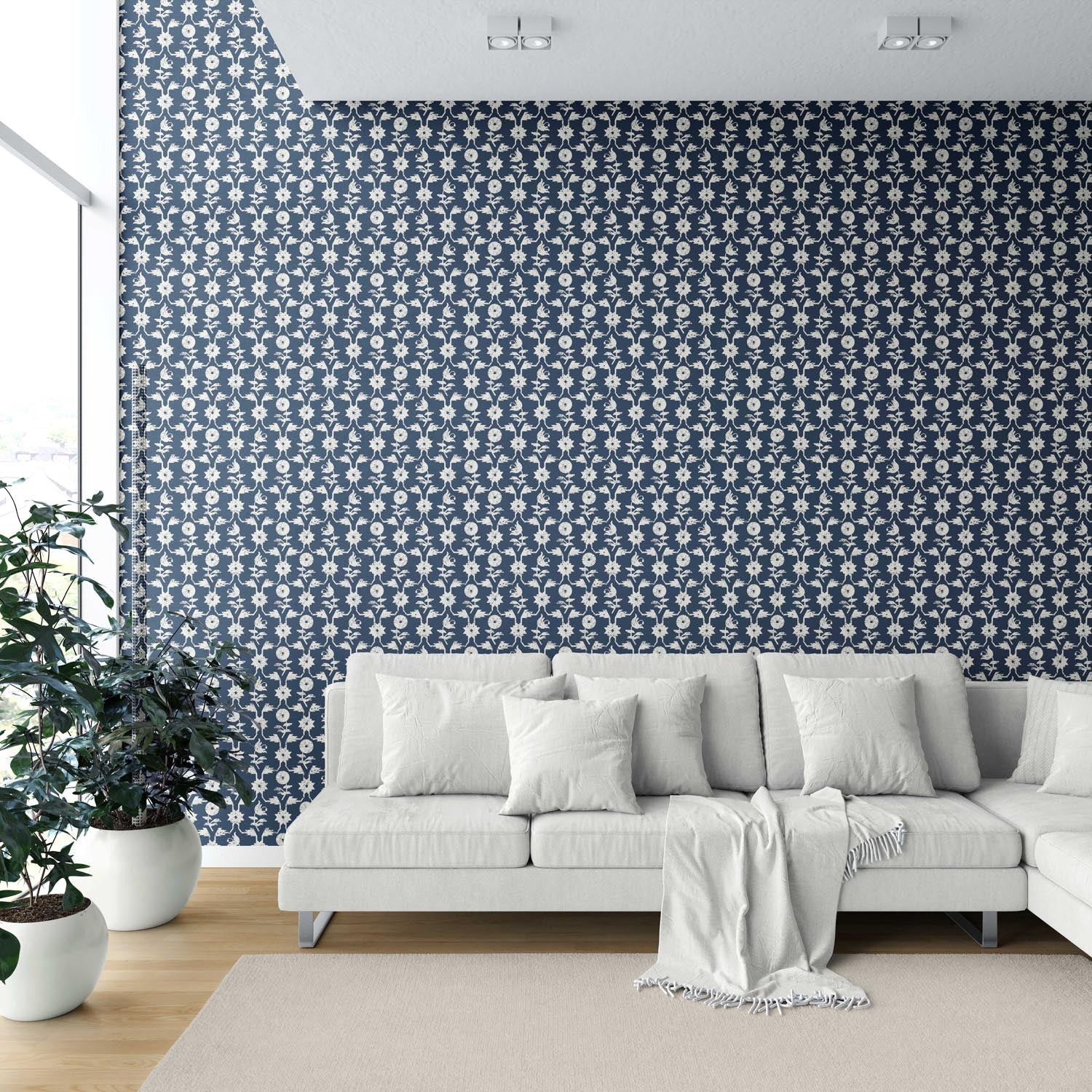 Modern Floral Botanical Shower Toilet Wallpaper (Navy Blue/ White)