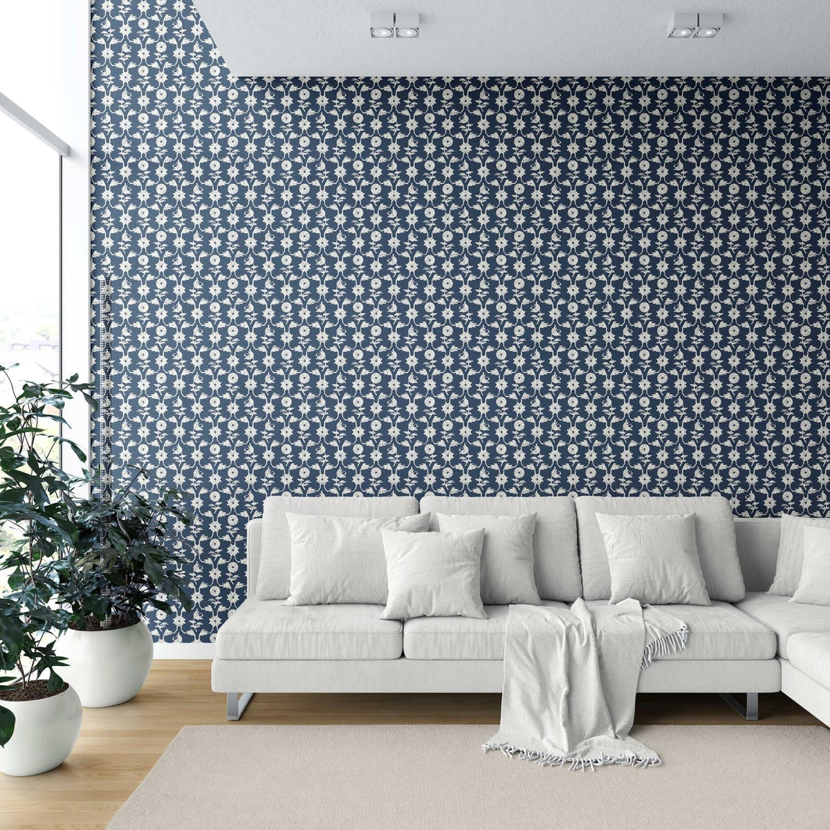 Modern Floral Botanical Shower Toilet Wallpaper (Navy Blue/ White)