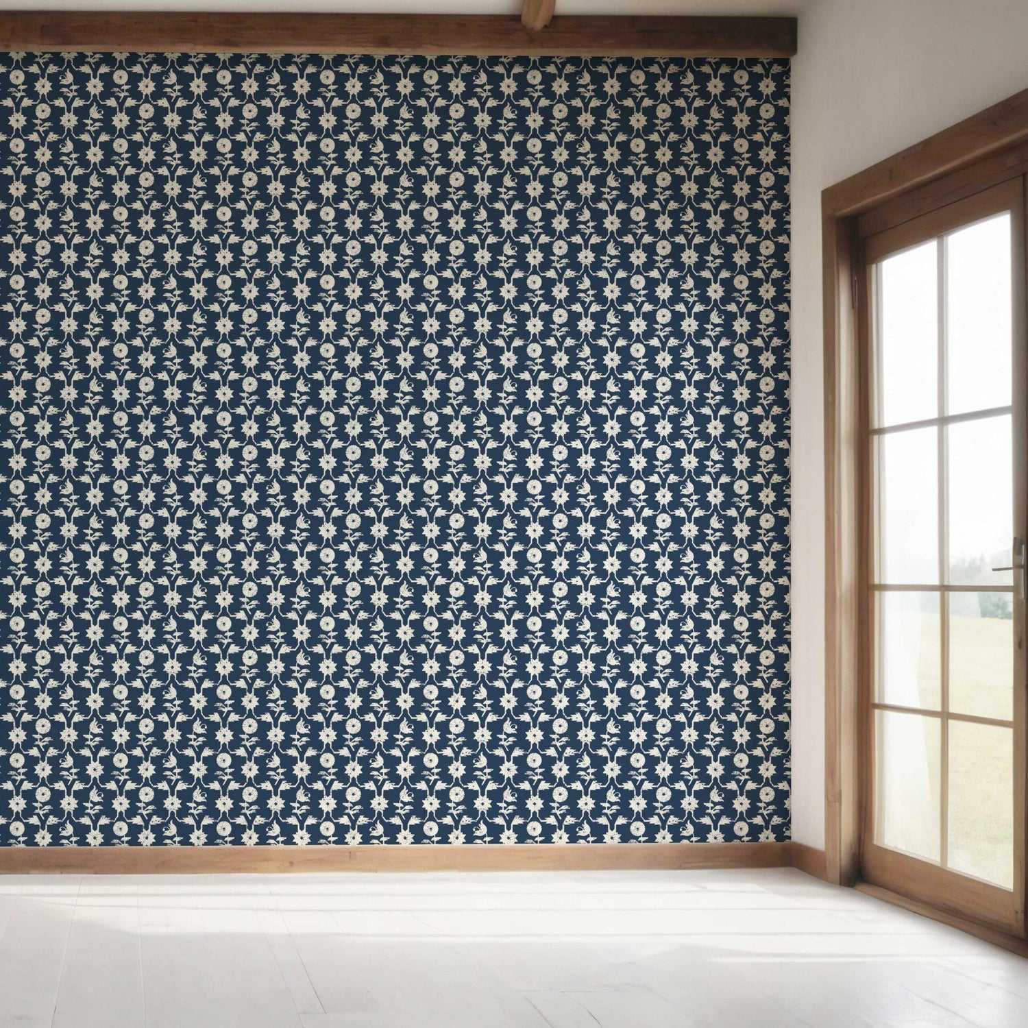 Modern Floral Botanical Bedroom Wallpaper (Navy Blue/ White)