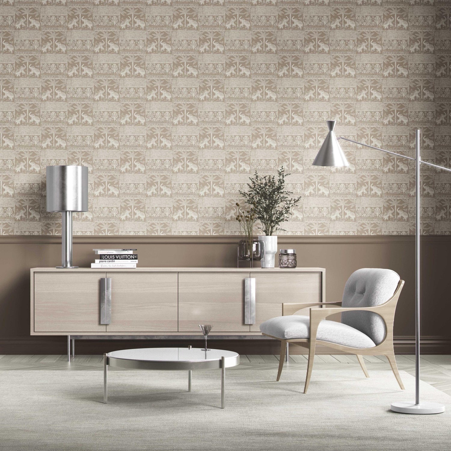 Ethnic/ Heritage Elephants & Animals Print Kitchen Wallpaper (Beige/ Brown/ White)
