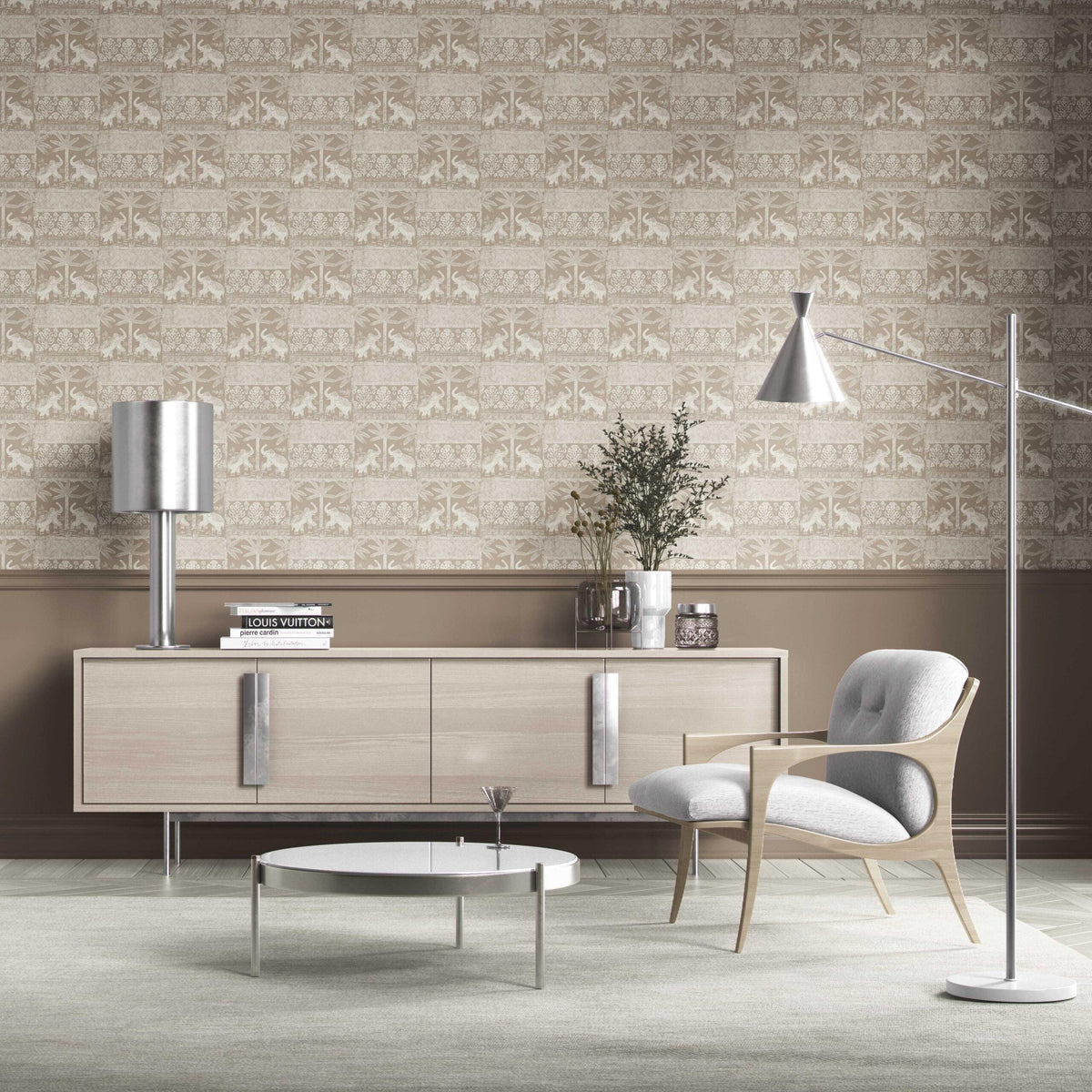 Ethnic/ Heritage Elephants & Animals Print Kitchen Wallpaper (Beige/ Brown/ White)