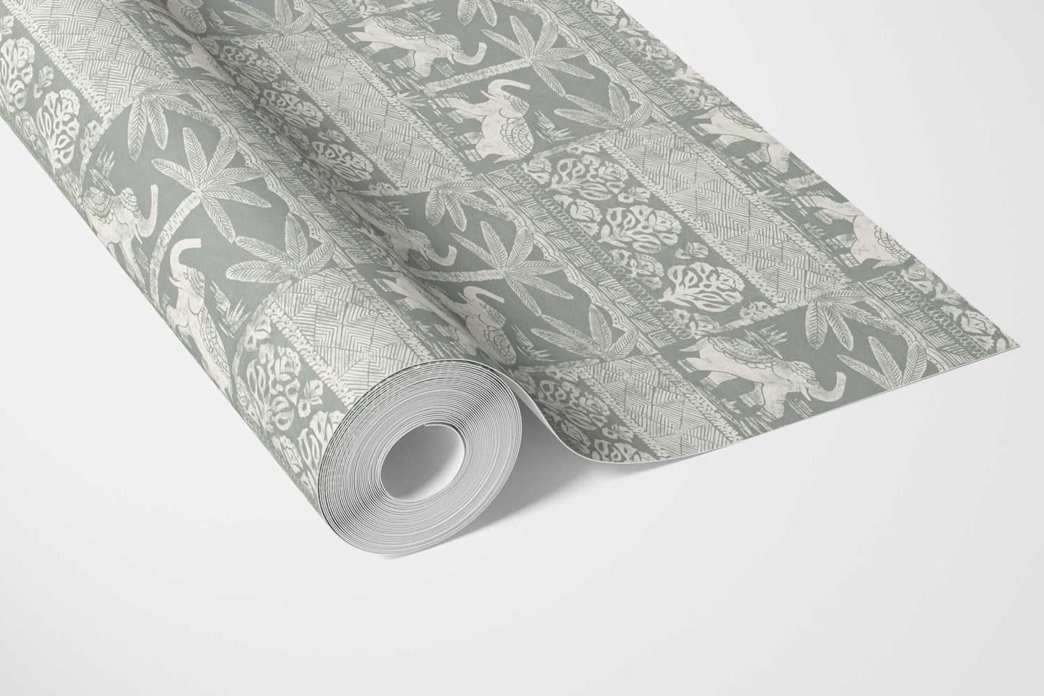 Ethnic/ Heritage Elephants & Animals Print Bathroom Wallpaper (Green-Gray/ White)