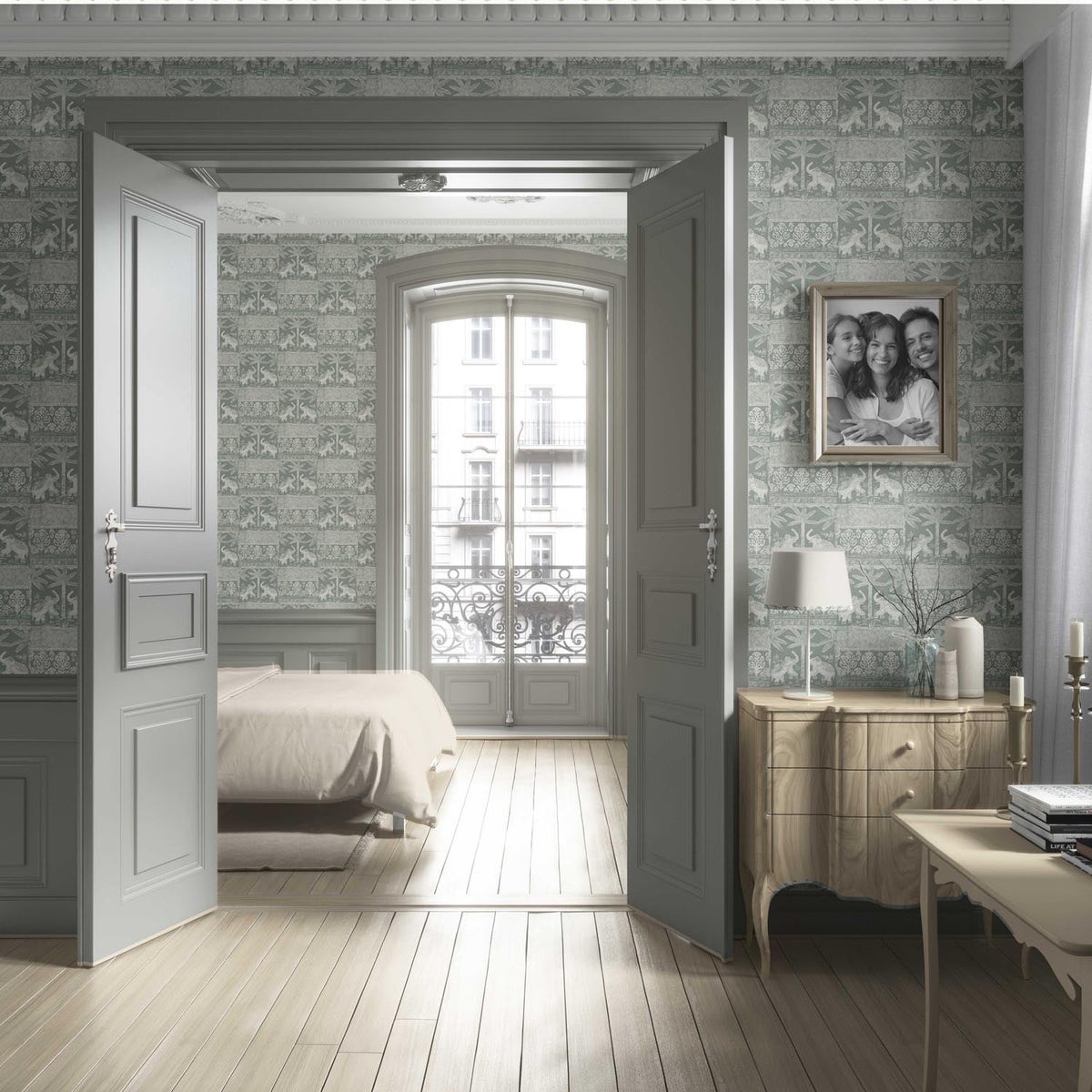 Ethnic/ Heritage Elephants & Animals Print Living Room Wallpaper (Green-Gray/ White)