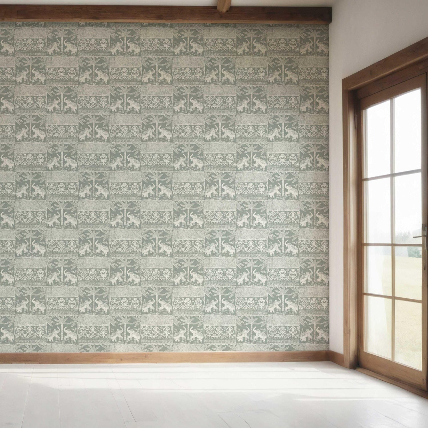 Ethnic/ Heritage Elephants & Animals Print Bedroom Wallpaper (Green-Gray/ White)
