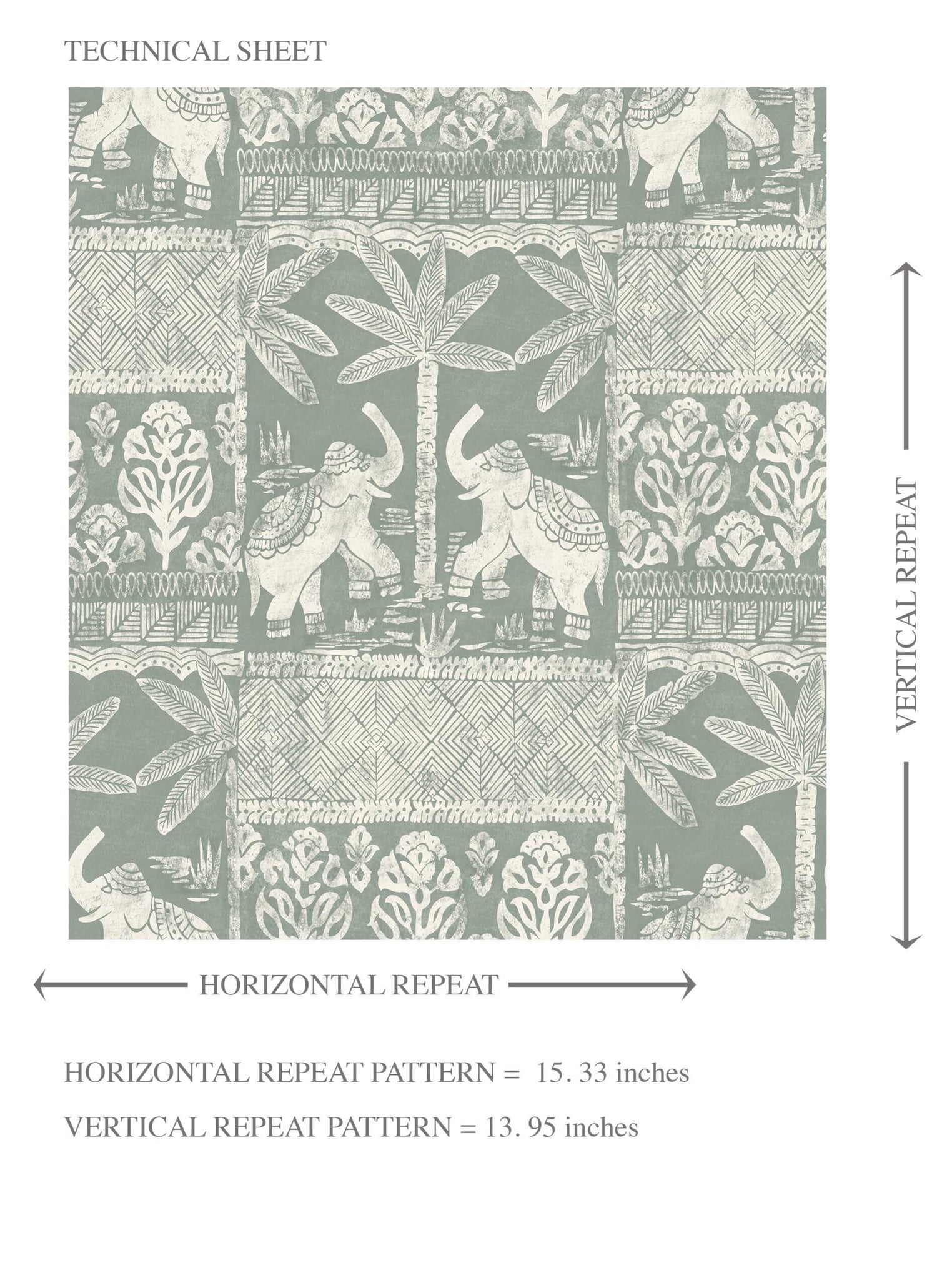 Ethnic/ Heritage Elephants & Animals Print Kids Room Wallpaper (Green-Gray/ White)