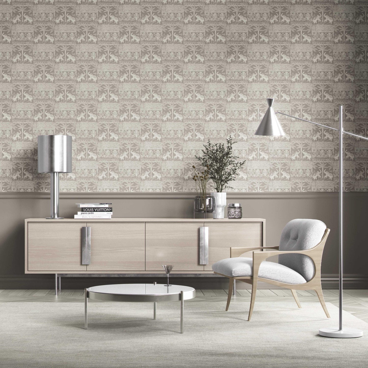 Ethnic/ Heritage Elephants & Animals Print Kitchen Wallpaper (Warm Gray/ Greige/ White)