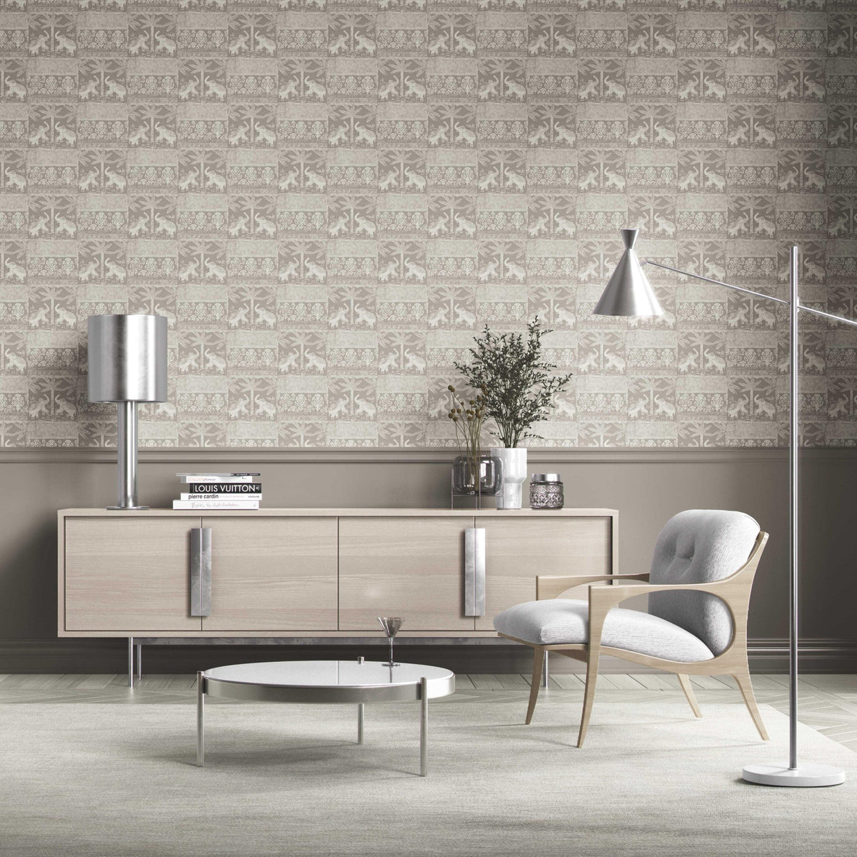 Ethnic/ Heritage Elephants & Animals Print Kitchen Wallpaper (Warm Gray/ Greige/ White)