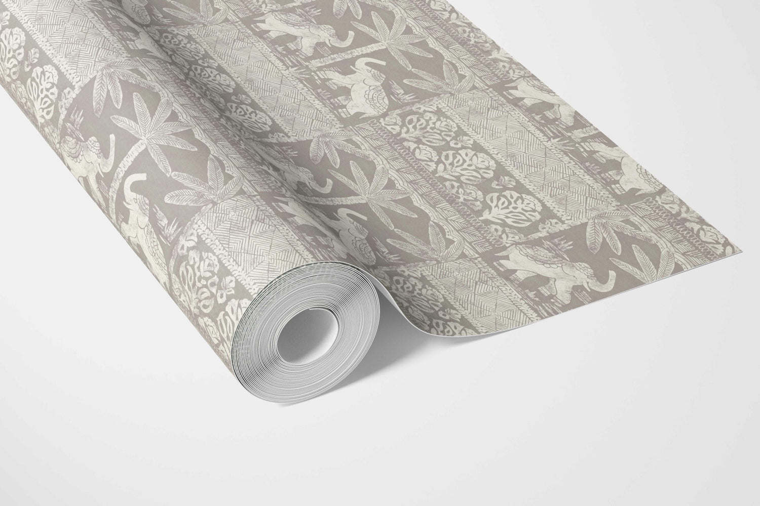 Ethnic/ Heritage Elephants & Animals Print Bathroom Wallpaper (Warm Gray/ Greige/ White)