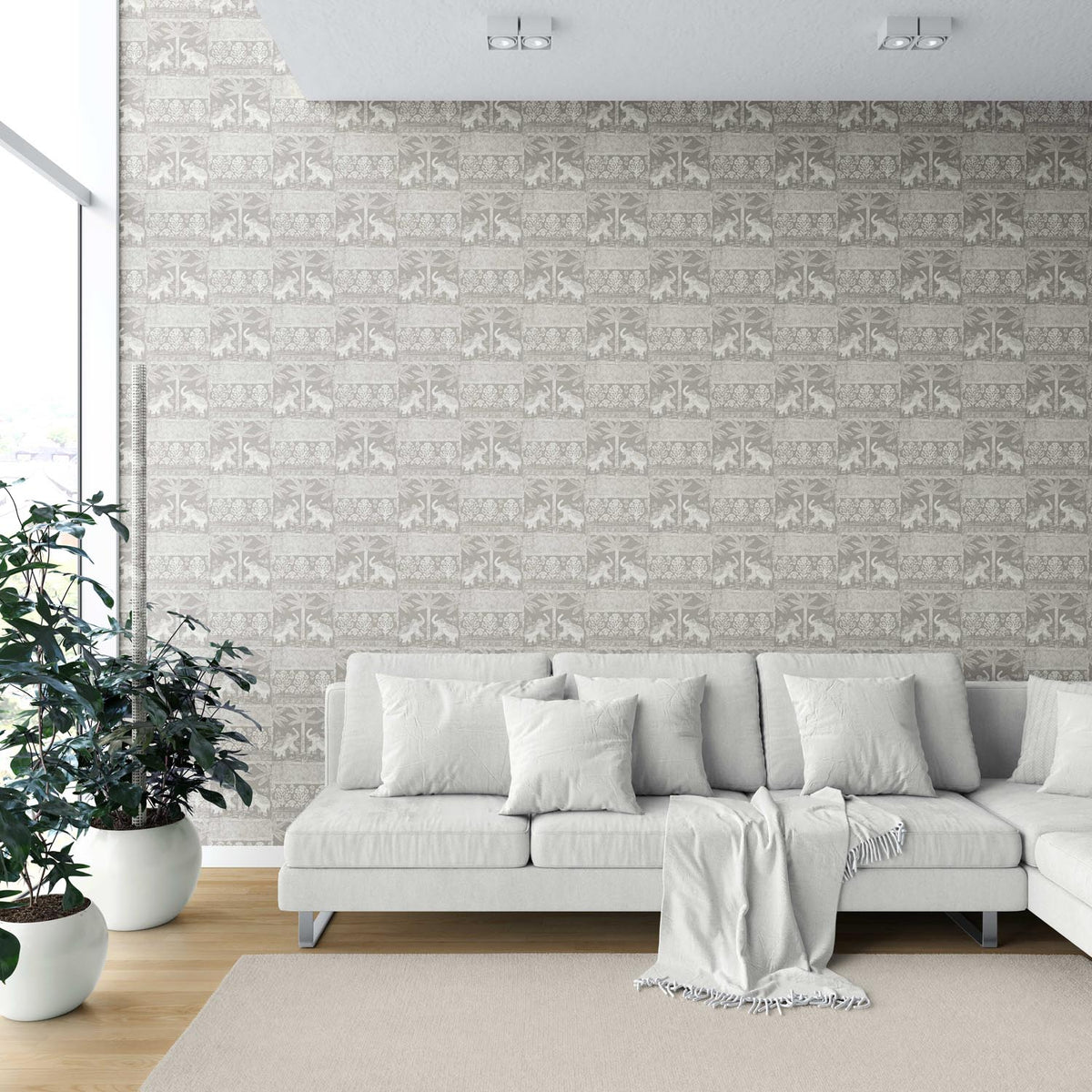 Ethnic/ Heritage Elephants & Animals Print Shower Toilet Wallpaper (Warm Gray/ Greige/ White)
