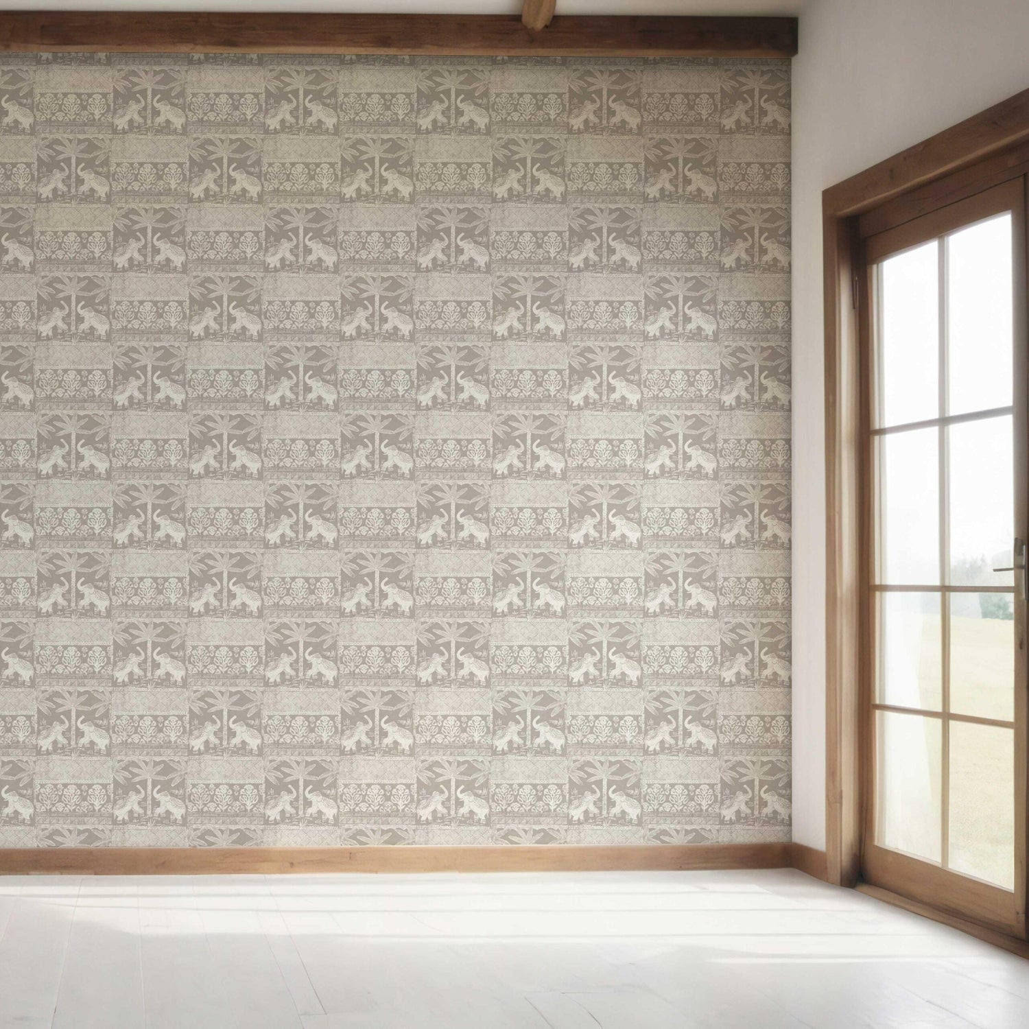 Ethnic/ Heritage Elephants & Animals Print Bedroom Wallpaper (Warm Gray/ Greige/ White)