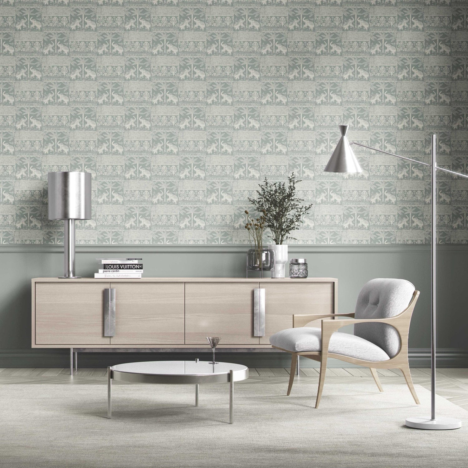 Ethnic/ Heritage Elephants & Animals Print Kitchen Wallpaper (Duck Egg Blue/ White)