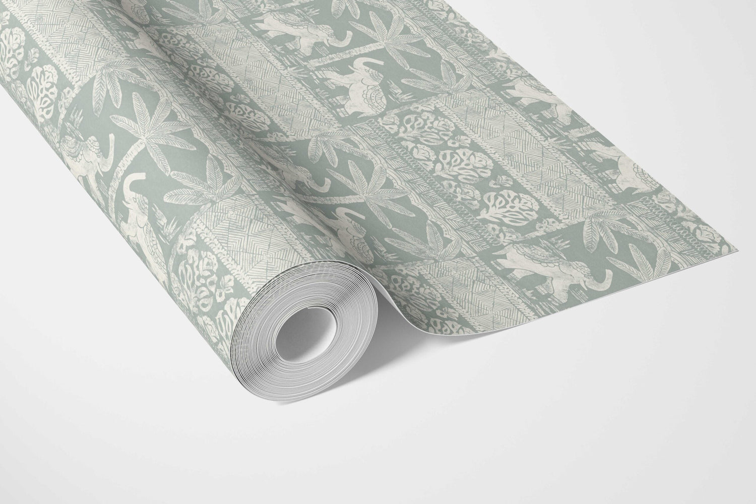 Ethnic/ Heritage Elephants & Animals Print Bathroom Wallpaper (Duck Egg Blue/ White)