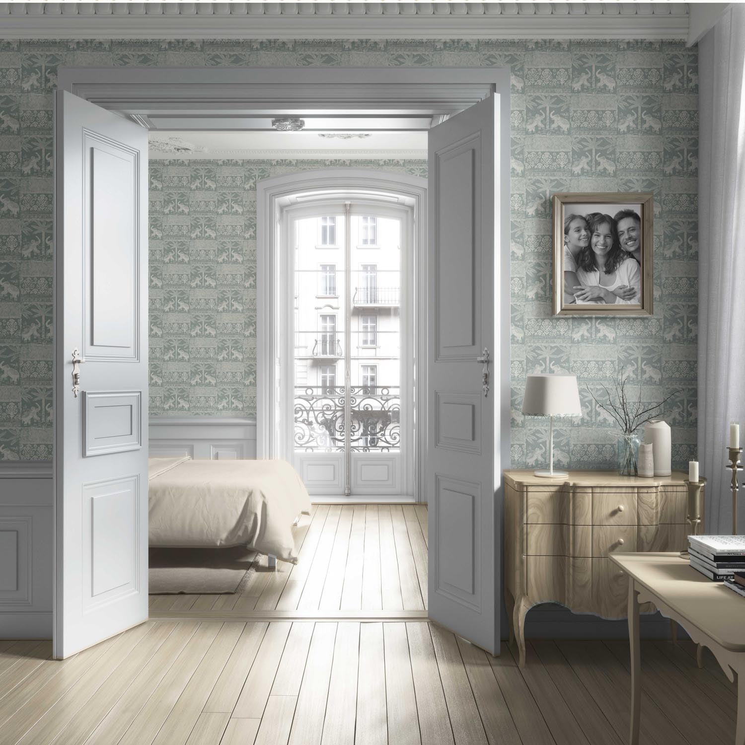 Ethnic/ Heritage Elephants & Animals Print Living Room Wallpaper (Duck Egg Blue/ White)