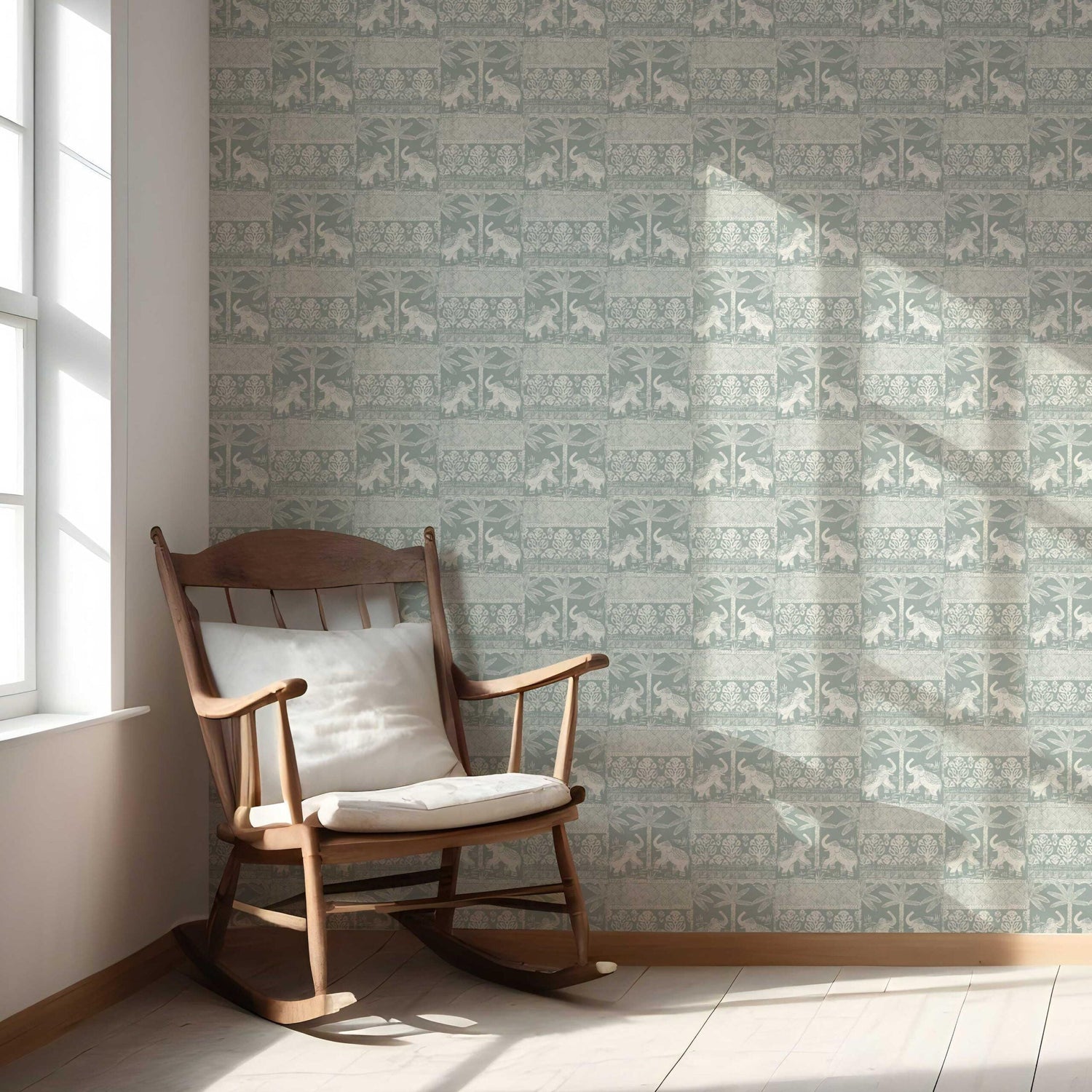 Ethnic/ Heritage Elephants & Animals Print Nursery Wallpaper (Duck Egg Blue/ White)