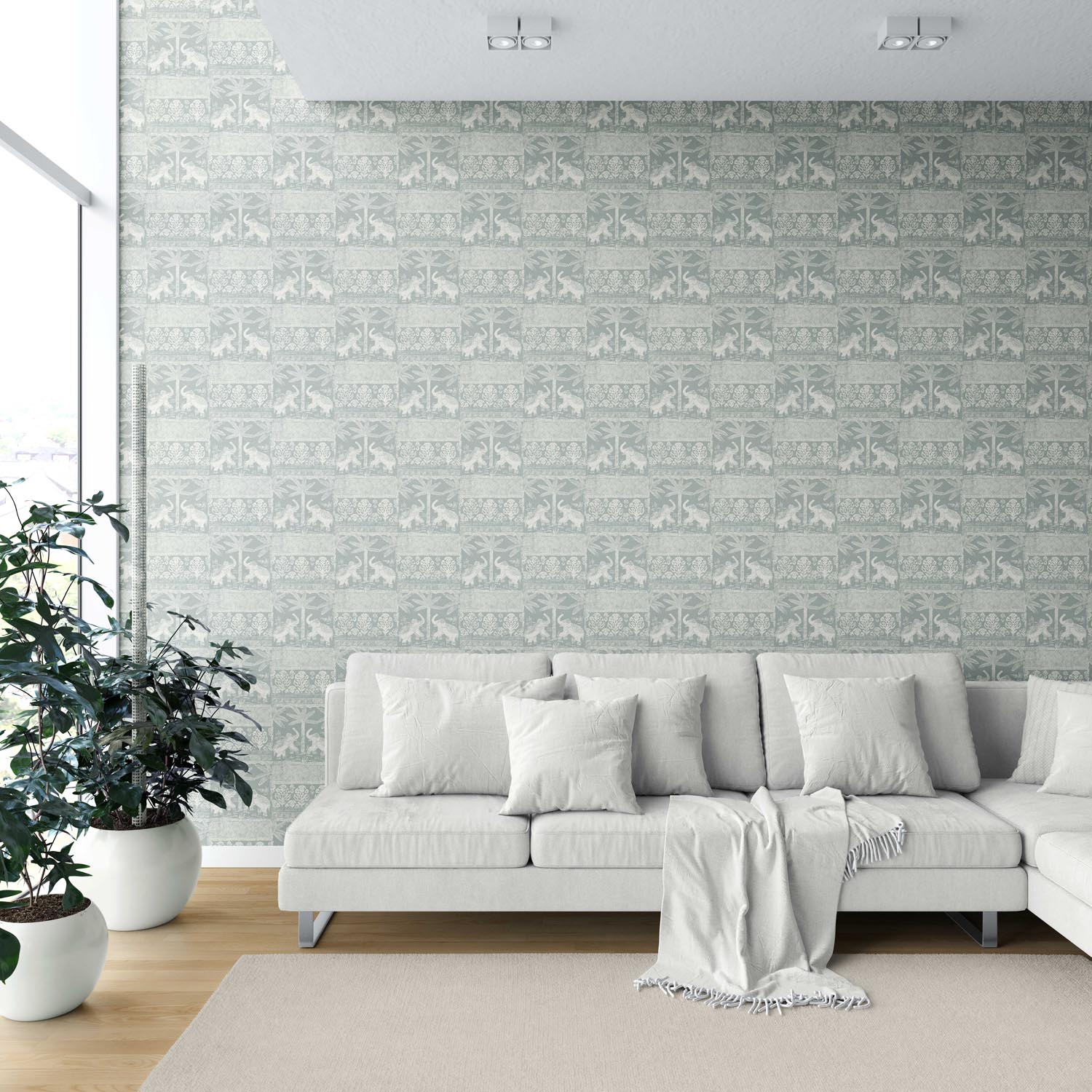 Ethnic/ Heritage Elephants & Animals Print Shower Toilet Wallpaper (Duck Egg Blue/ White)