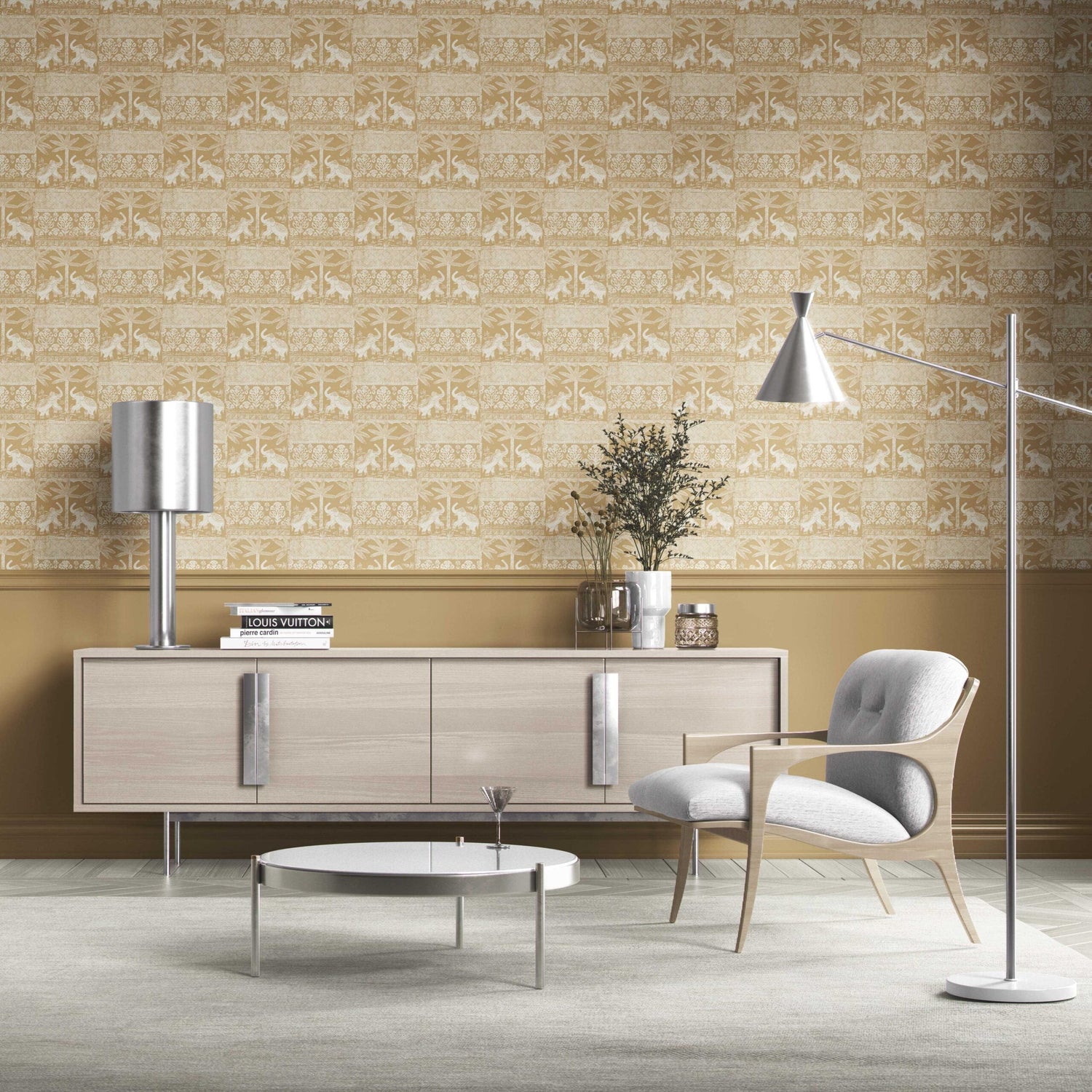 Ethnic/ Heritage Elephants & Animals Print Kitchen Wallpaper (Yellow/ White)
