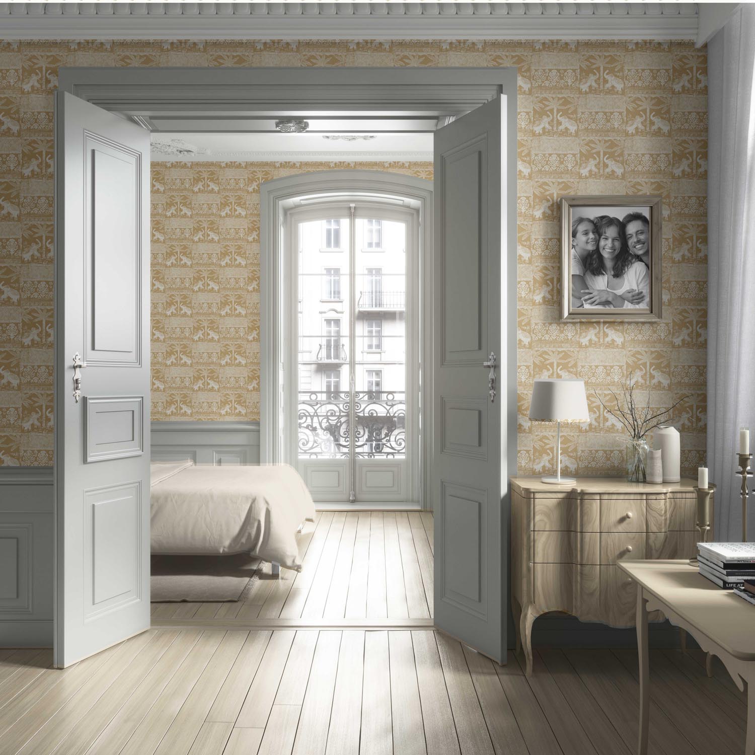 Ethnic/ Heritage Elephants & Animals Print Living Room Wallpaper (Yellow/ White)