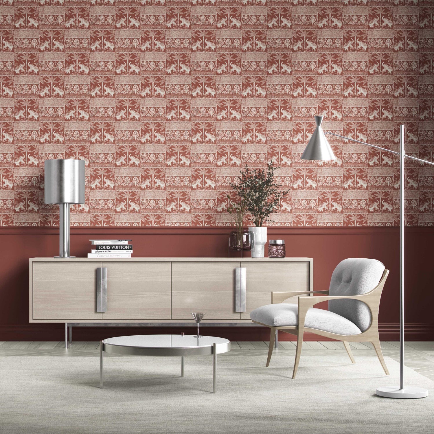 Ethnic/ Heritage Elephants & Animals Print Kitchen Wallpaper (Terracotta Red/ White)