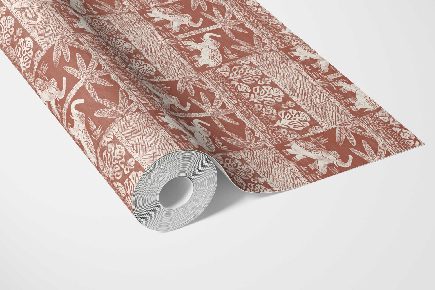 Ethnic/ Heritage Elephants & Animals Print Bathroom Wallpaper (Terracotta Red/ White)
