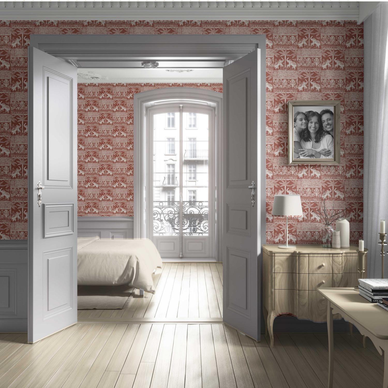 Ethnic/ Heritage Elephants & Animals Print Living Room Wallpaper (Terracotta Red/ White)