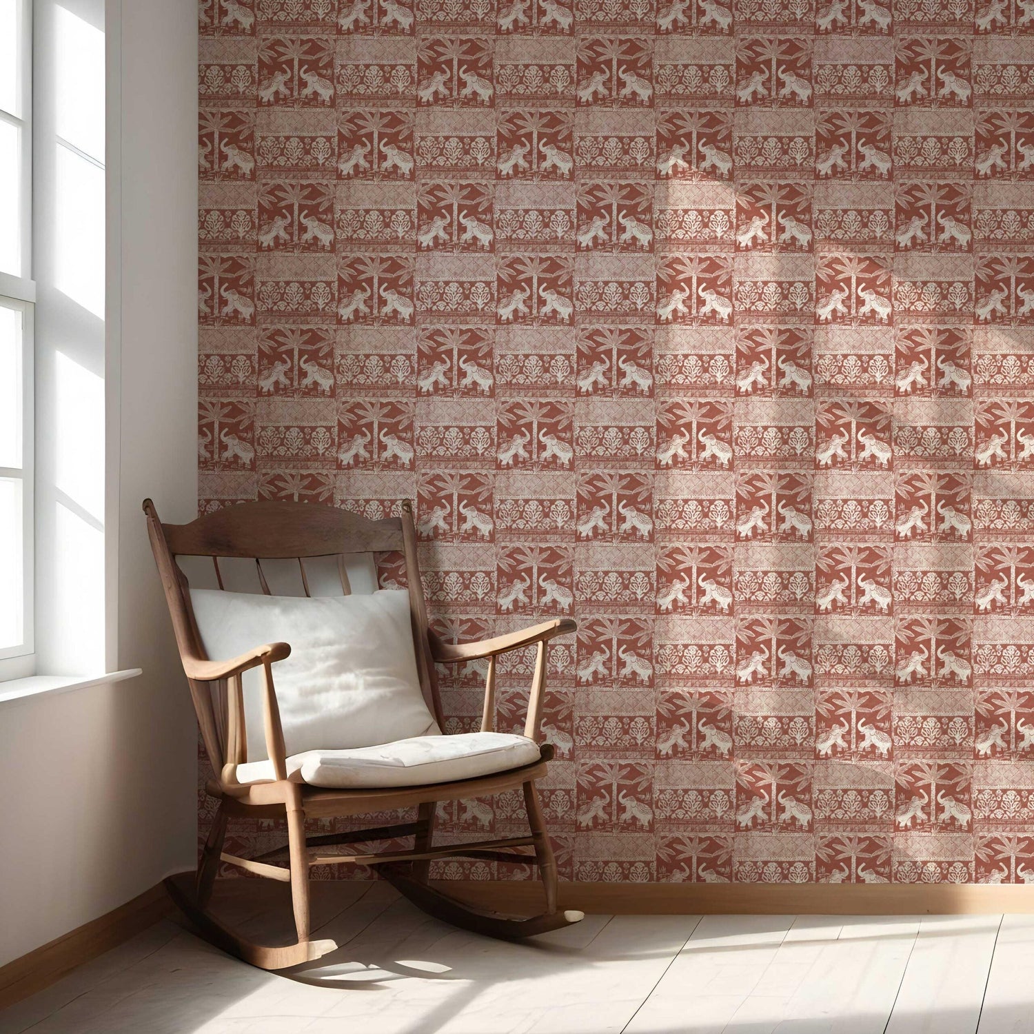 Ethnic/ Heritage Elephants & Animals Print Nursery Wallpaper (Terracotta Red/ White)