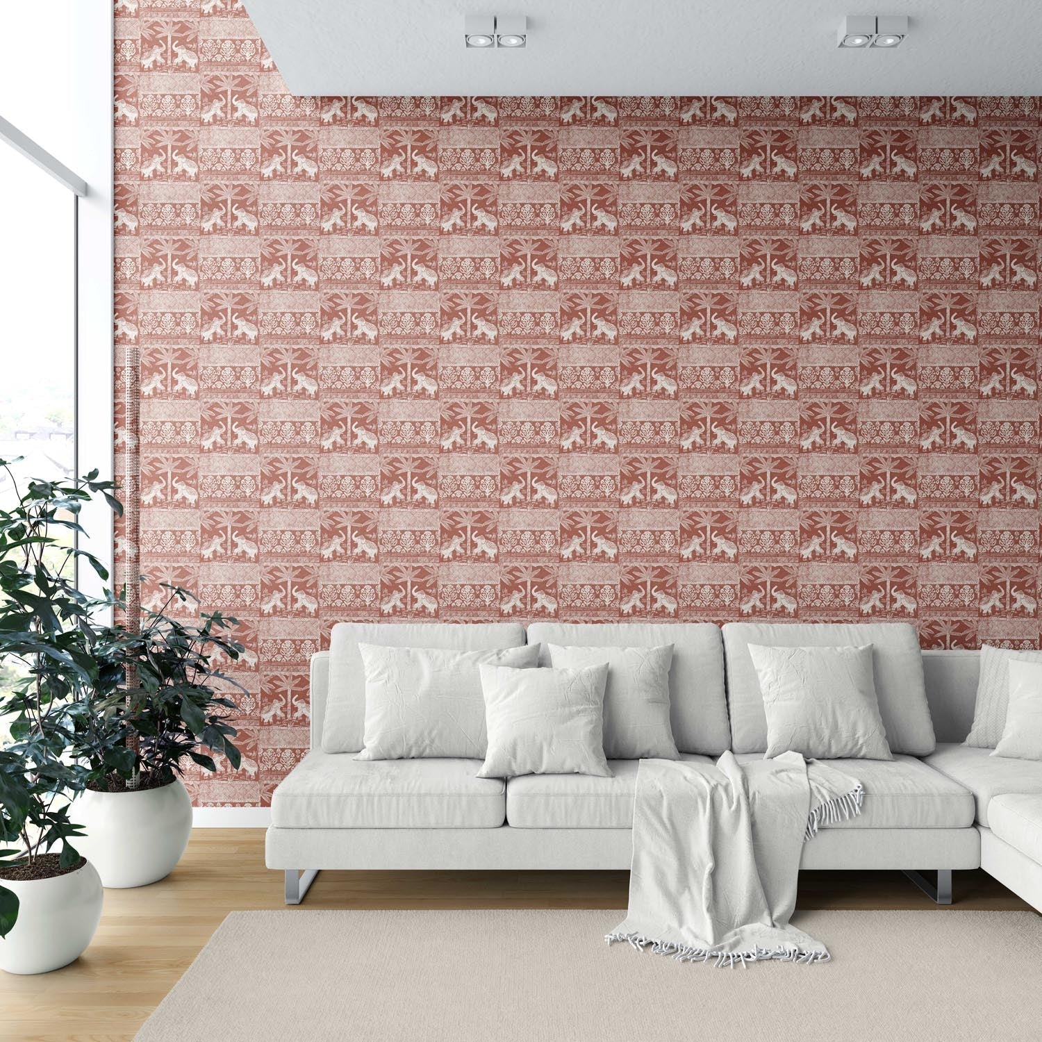 Ethnic/ Heritage Elephants & Animals Print Shower Toilet Wallpaper (Terracotta Red/ White)