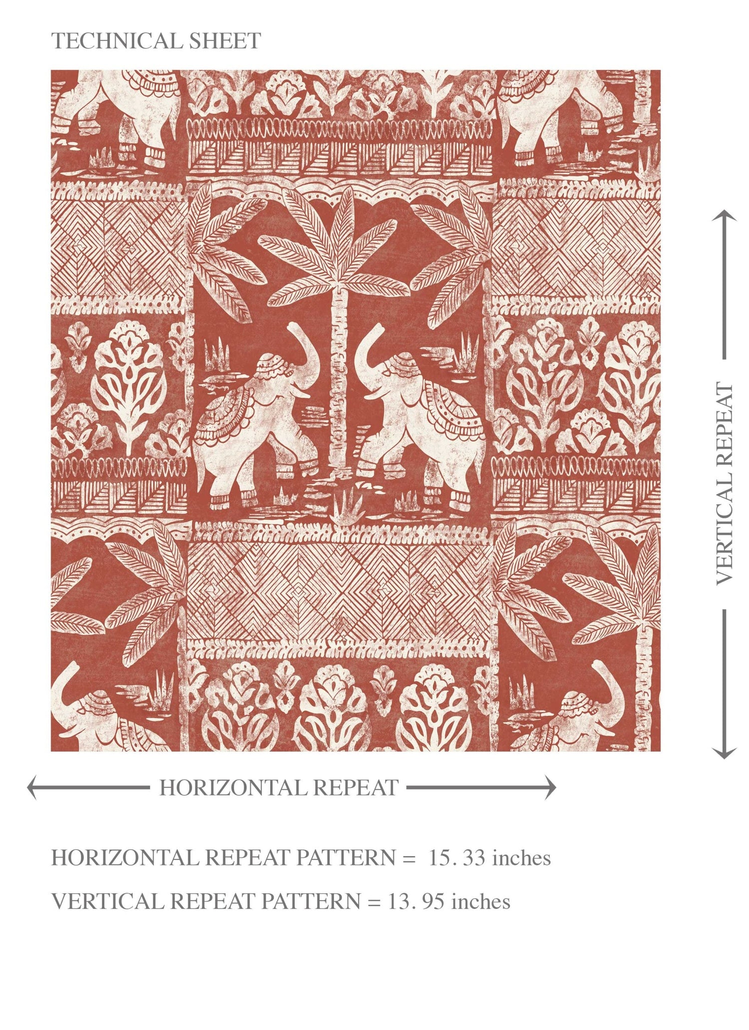 Ethnic/ Heritage Elephants & Animals Print Kids Room Wallpaper (Terracotta Red/ White)