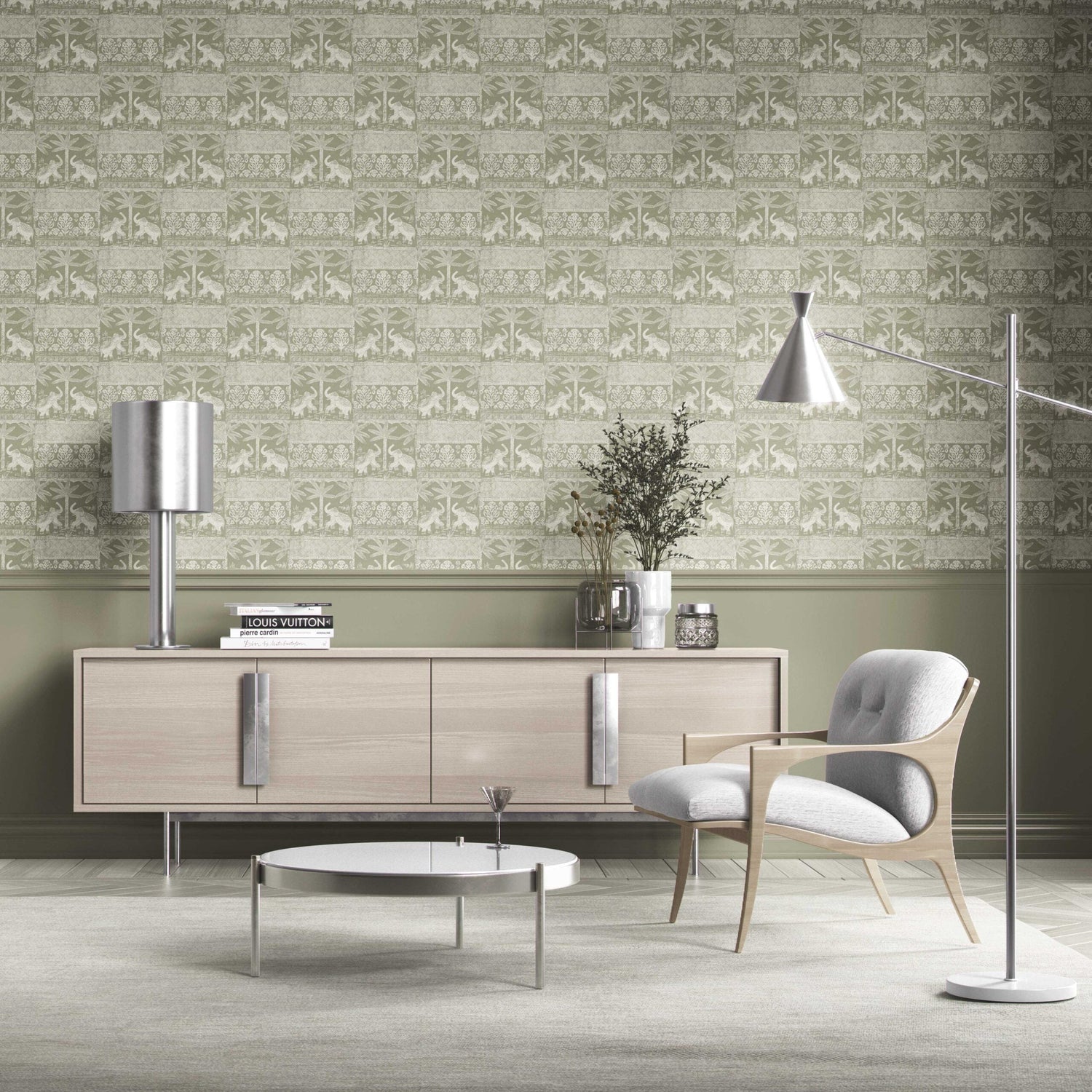 Ethnic/ Heritage Elephants & Animals Print Kitchen Wallpaper (Olive Green/ White)