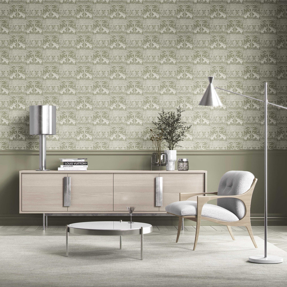 Ethnic/ Heritage Elephants & Animals Print Kitchen Wallpaper (Olive Green/ White)