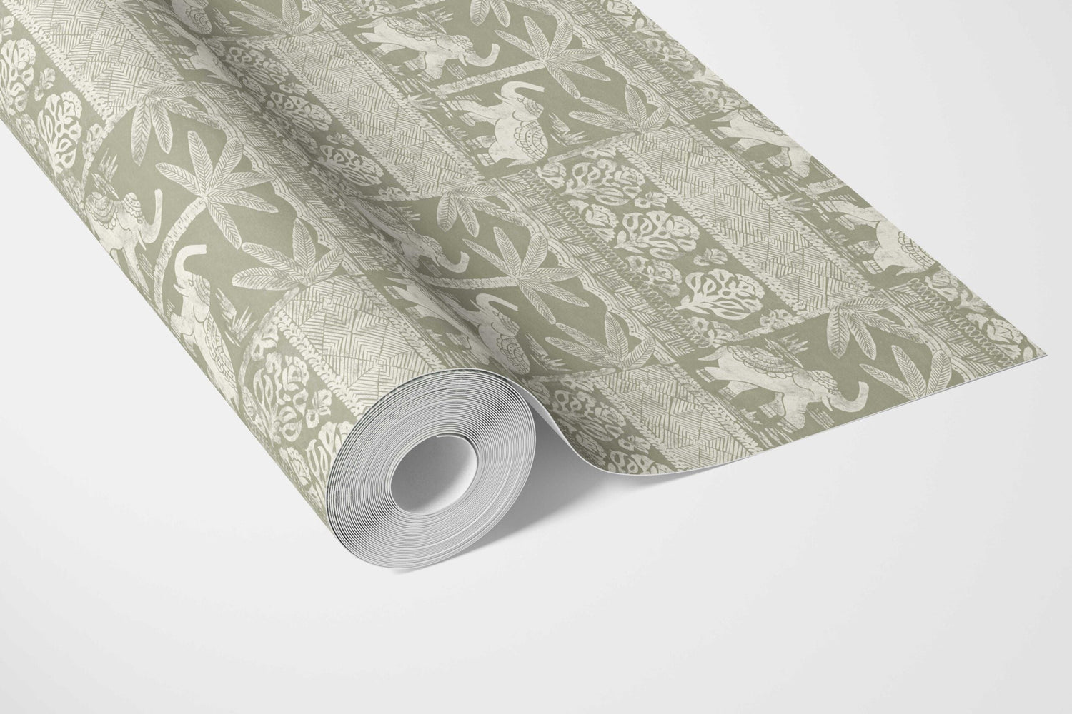 Ethnic/ Heritage Elephants & Animals Print Bathroom Wallpaper (Olive Green/ White)