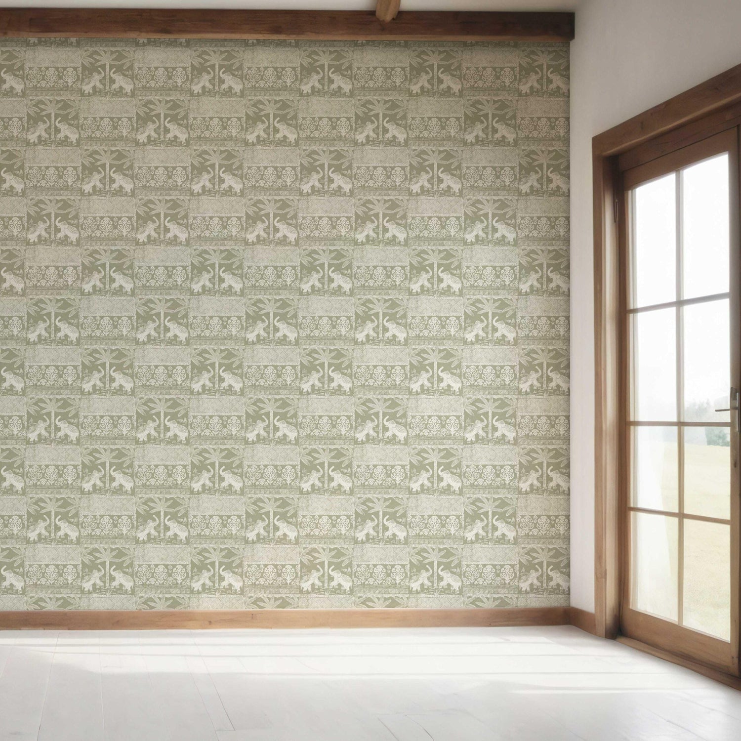 Ethnic/ Heritage Elephants & Animals Print Bedroom Wallpaper (Olive Green/ White)
