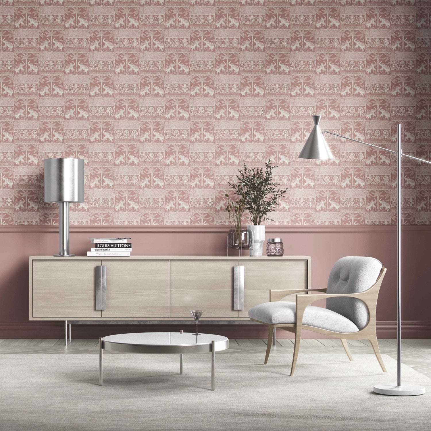 Ethnic/ Heritage Elephants & Animals Print Kitchen Wallpaper (Pink/ White)