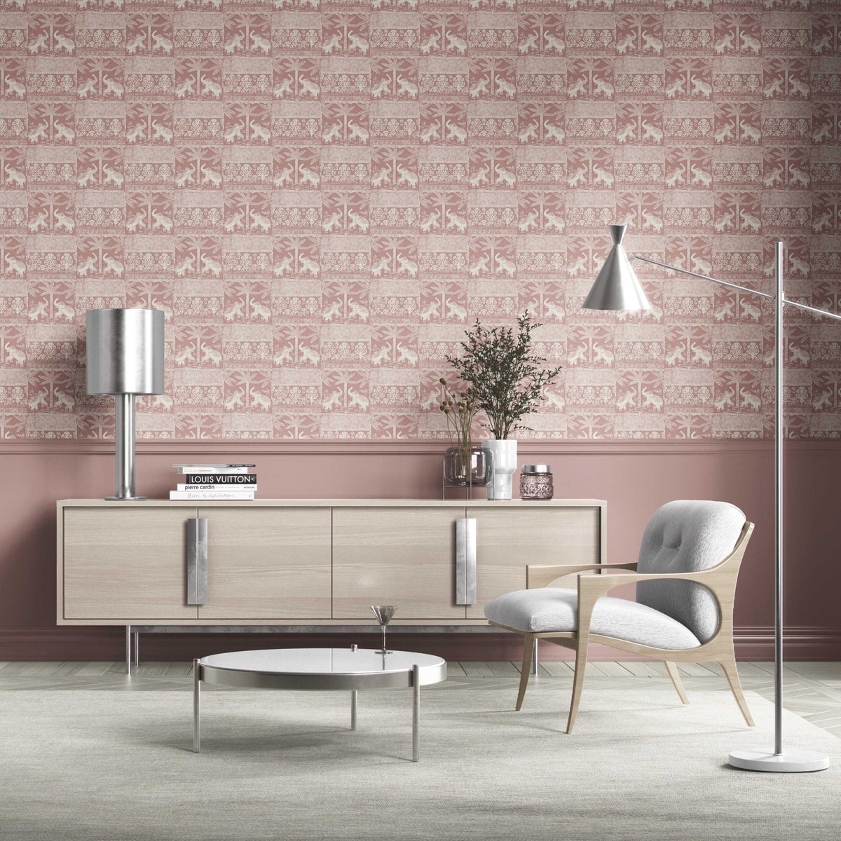 Ethnic/ Heritage Elephants & Animals Print Kitchen Wallpaper (Pink/ White)