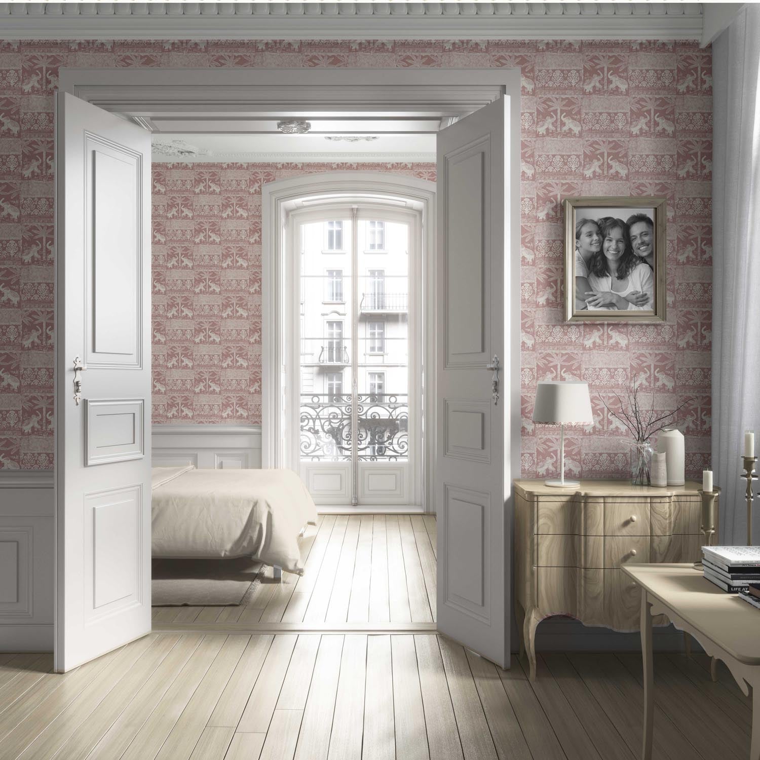 Ethnic/ Heritage Elephants & Animals Print Living Room Wallpaper (Pink/ White)