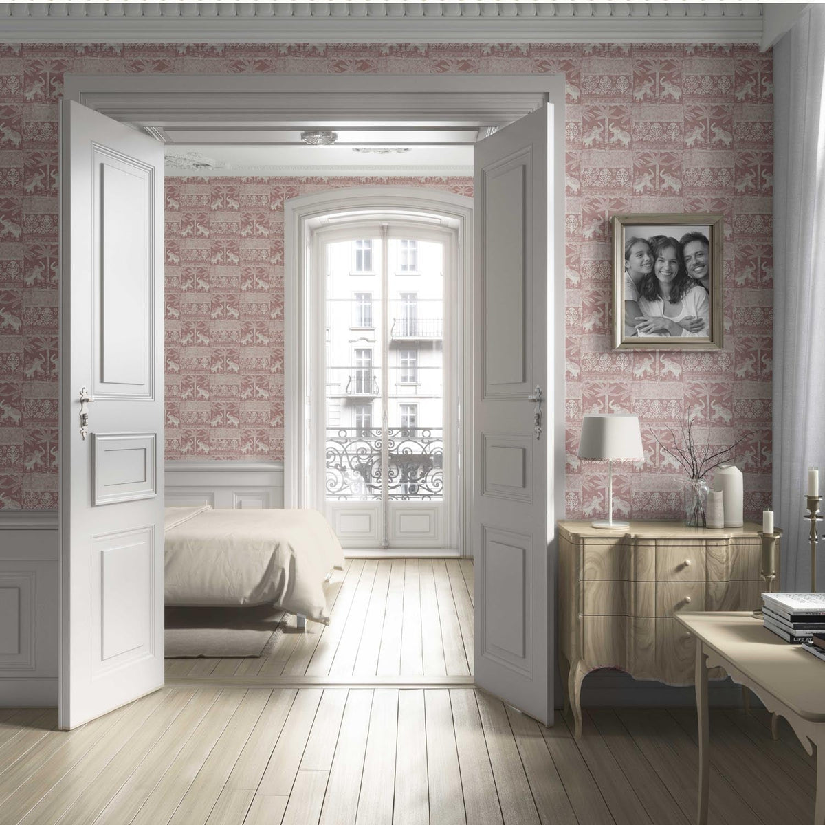 Ethnic/ Heritage Elephants & Animals Print Living Room Wallpaper (Pink/ White)