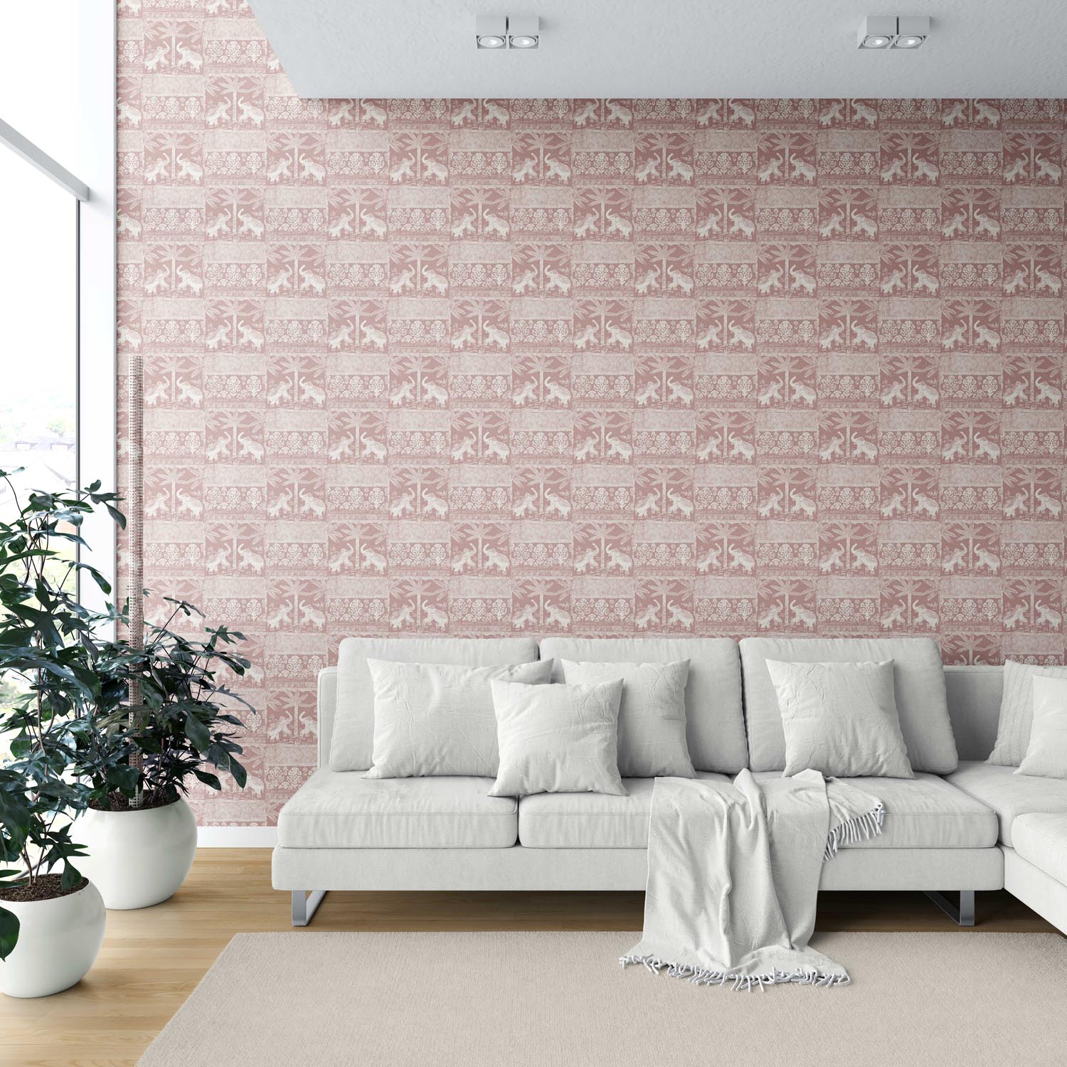 Ethnic/ Heritage Elephants & Animals Print Shower Toilet Wallpaper (Pink/ White)