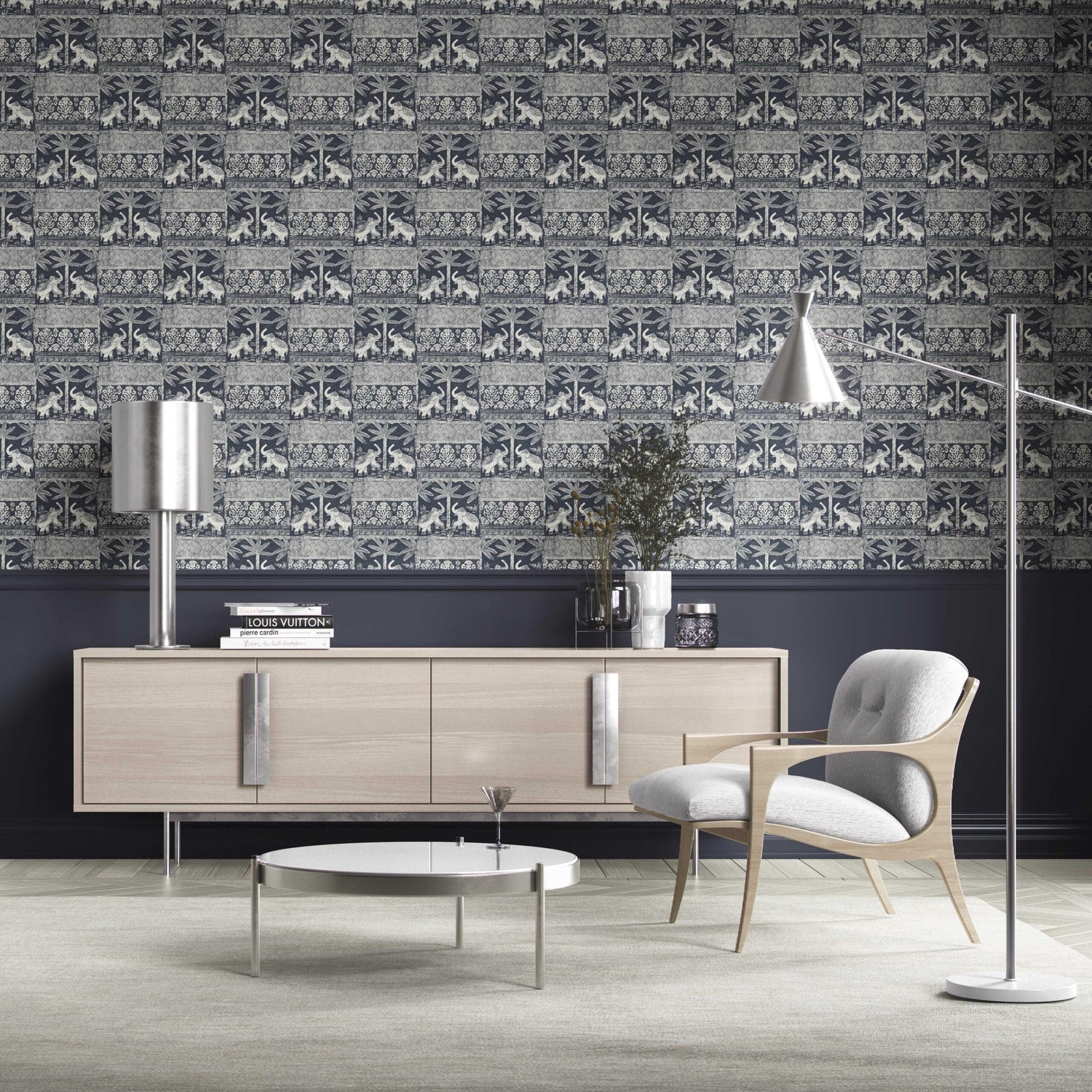 Ethnic/ Heritage Elephants & Animals Print Kitchen Wallpaper (Navy Blue/ White)